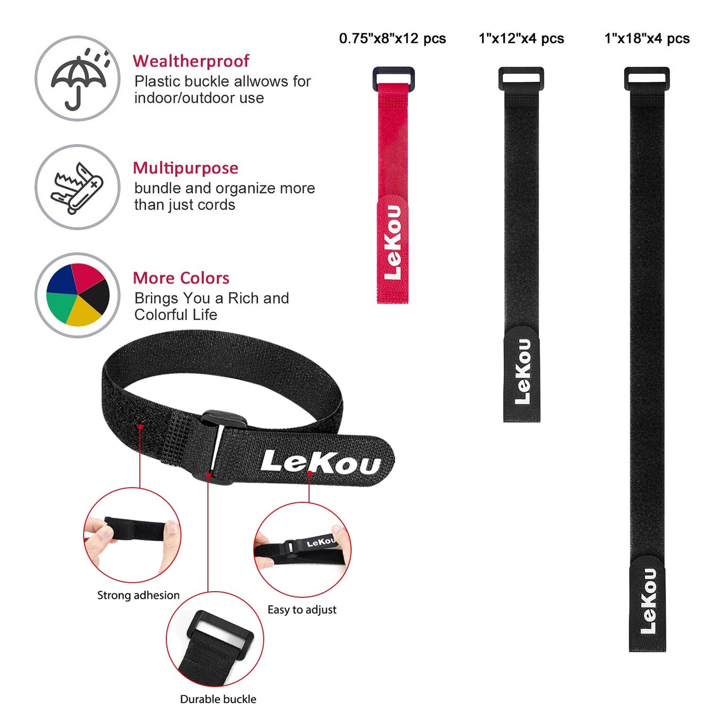 Lekou Reusable Fastening Cable Securing Straps and Cable Ties, 20 Pack (8" 12" 18") Nylon Adjustable Fastening Hook and Loop Straps Mixed Color