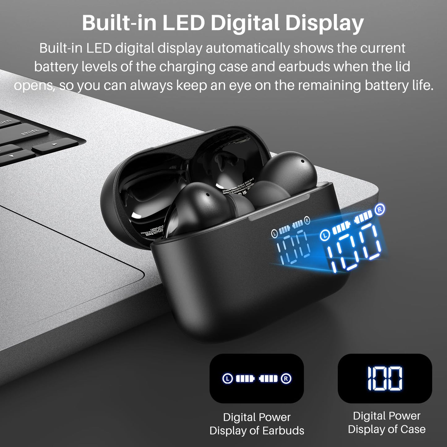 TOZO T20 Wireless Earbuds Bluetooth Headphones 48.5 Hrs Playtime with LED Digital Display, IPX8 Waterproof, Dual Mic Call Noise Cancelling 10mm Broad