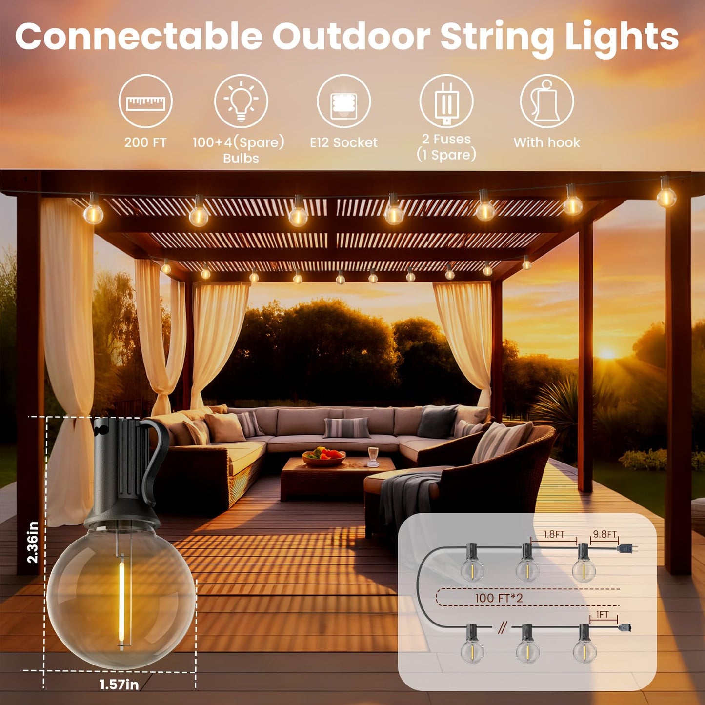 RTTY Outdoor String Lights 200 FT, Patio Light for Outside with 104pcs G40 LED Shatterproof Bulbs, Waterproof Connectable Hanging Globe Lighting