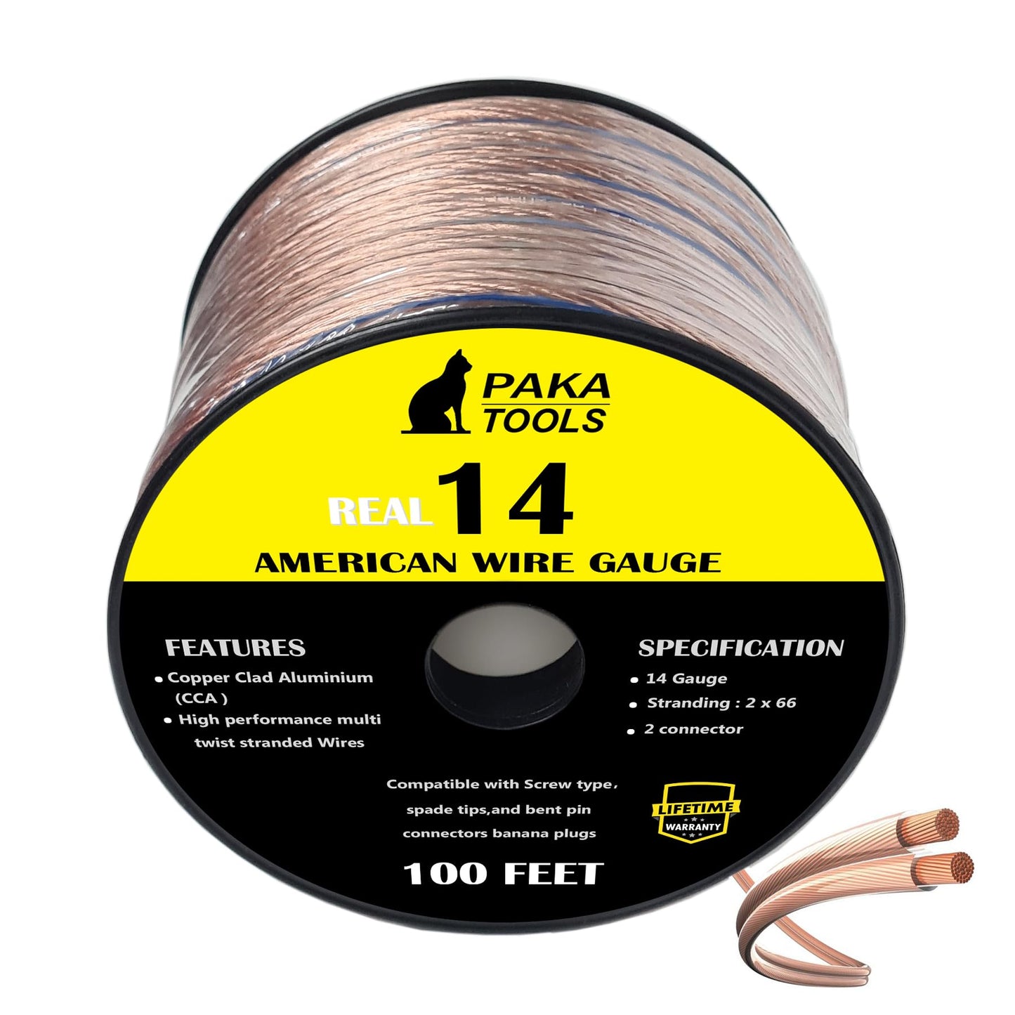 PAKA TOOLS High Performance Speaker Wire Copper Clad Aluminum (CCA) Speaker Cable 100 FT Spool - Ideal Home Cinema Speaker Wire Cable and Car Audio