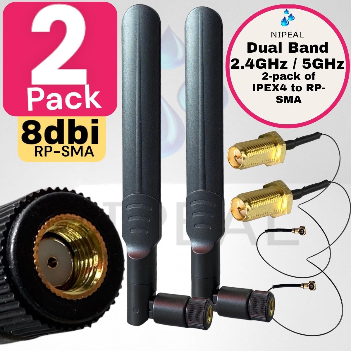 2-Pack Dual Band Antenna WiFi 2.4GHz 5GHz 5.8GHz 8dBi RP-SMA Male,U.FL IPEX MHF4 to RP SMA Female Extension Cable for M.2 NGFF Intel Wireless Network