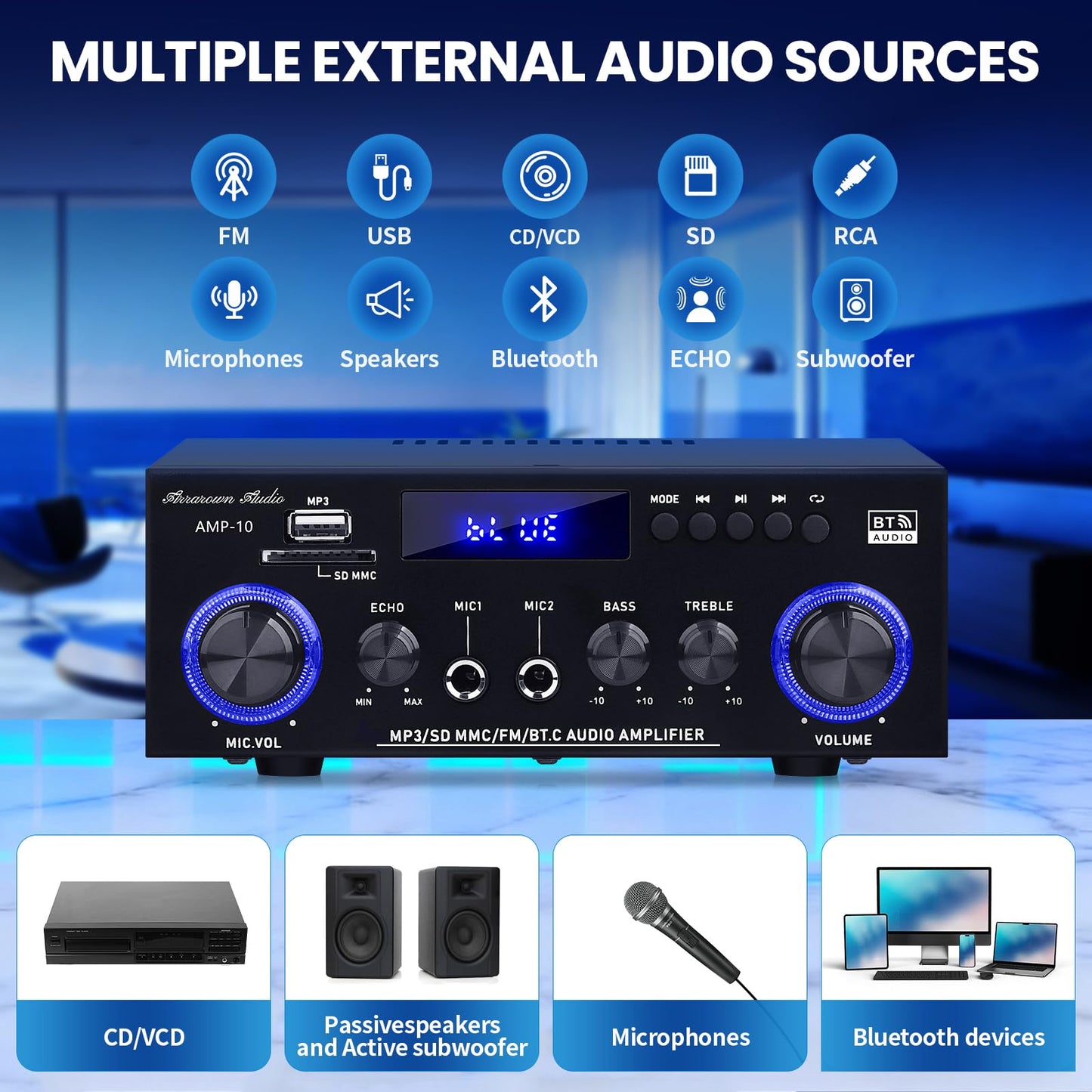 AMP-10 Bluetooth Amplifiers RMS 50WX2 Stereo Audio Amp Receivers for Home Speaker 2.0 Channel Max 600W Output Mini Power Amplifier w/FM Radio, Echo