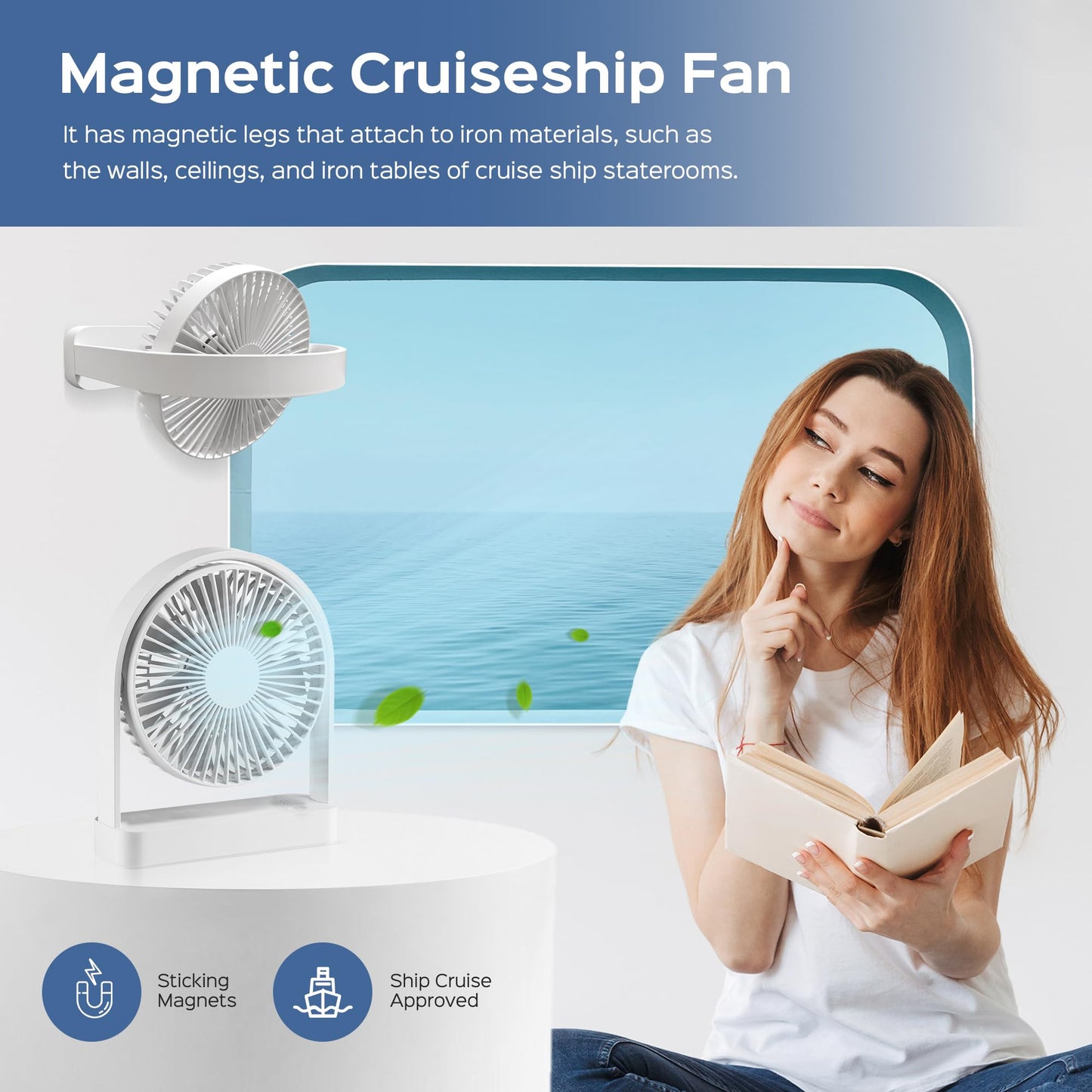 Yaoledly Magnetic Cruise Ship Fan, Portable USB-C Desk Fan with Strong Magnet Base, Adjustable 3 Speed & Quiet Operation, Ideal for Cruises Office