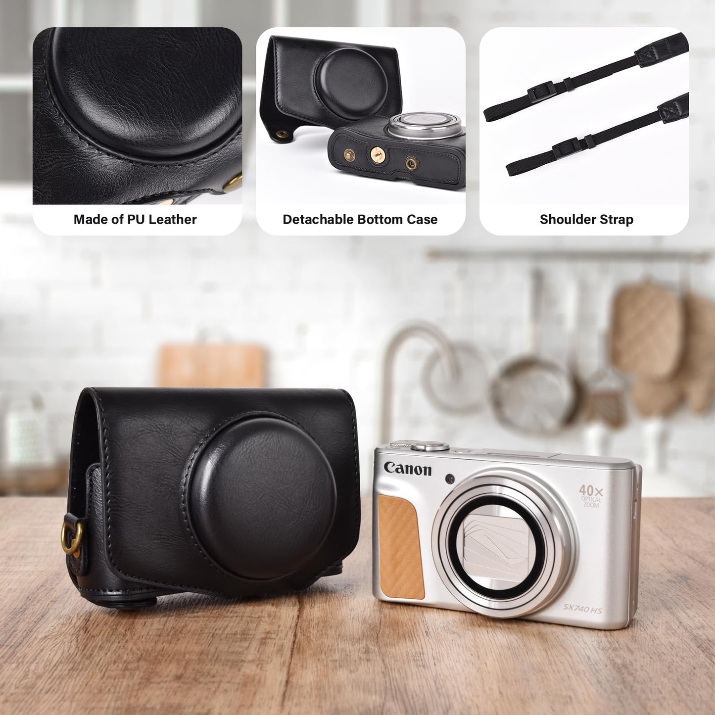 kinokoo Camera Case for Canon PowerShot SX720 HS/SX730/SX740 HS - PU Leather Protective Case with Detachable Shoulder Strap - Black