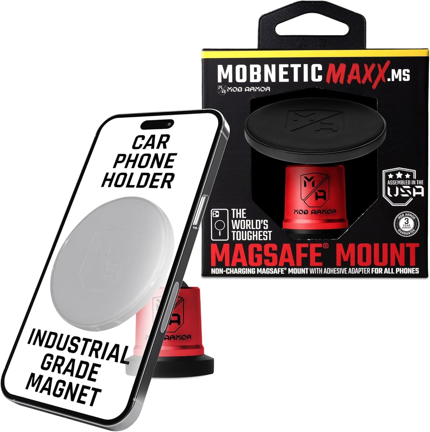 Mob Armor MobNetic Maxx MS - MagSafe Compatible Car Phone Mount w/ 90º Tilt, 360º Rotation & Durable Aluminum Build, Magnetic Holder for iPhone