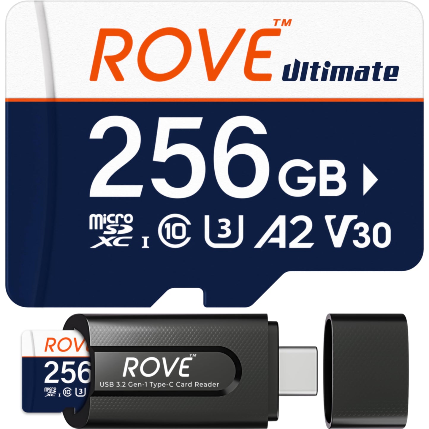 ROVE Ultimate Micro SD Card microSDXC 256GB Memory Card with USB 3.2 Type C Card Reader 170MB/s C10, U3, V30, 4K, A2 for Dash Cam, Android Smart