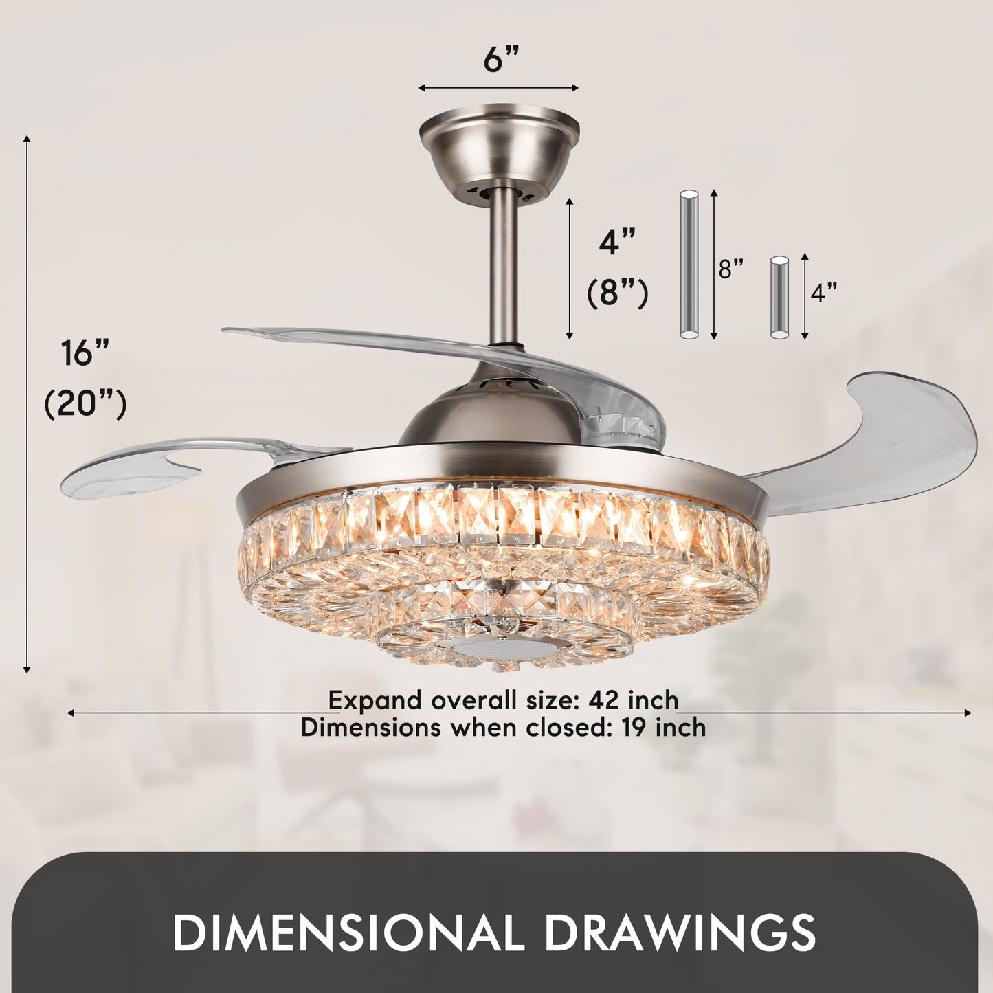 efperfect 42" Crystal Ceiling Fan Light with Remote and Bluetooth Speaker, Retractable Fandelier 7 Color Dimmable Music Player LED Chandelier Fans