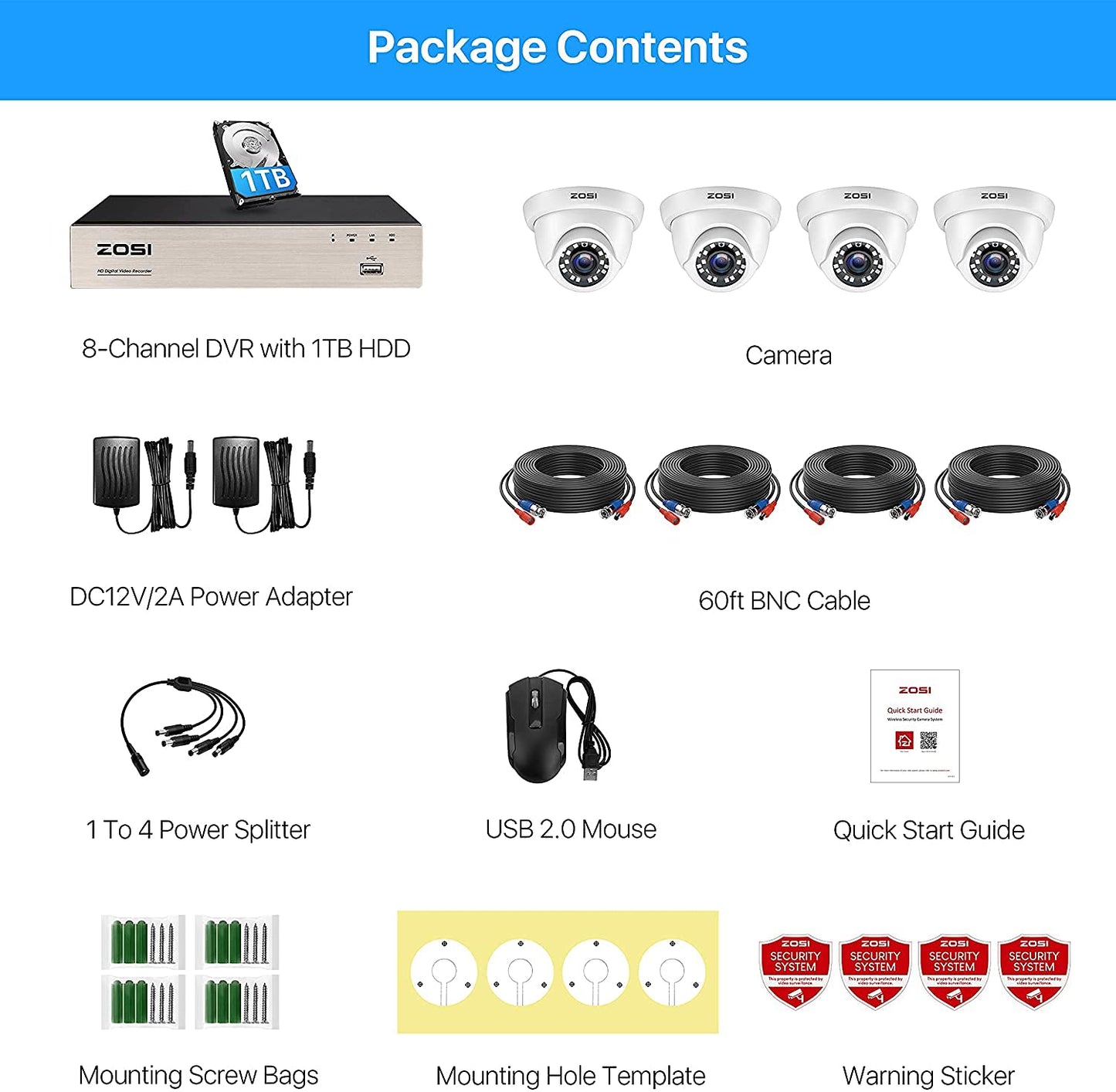 ZOSI Security Cameras System with 1TB Hard Drive,H.265+ 5MP Lite 8Channel HD-TVI DVR Recorder and 4pcs 1080P HD Surveillance CCTV Dome Cameras