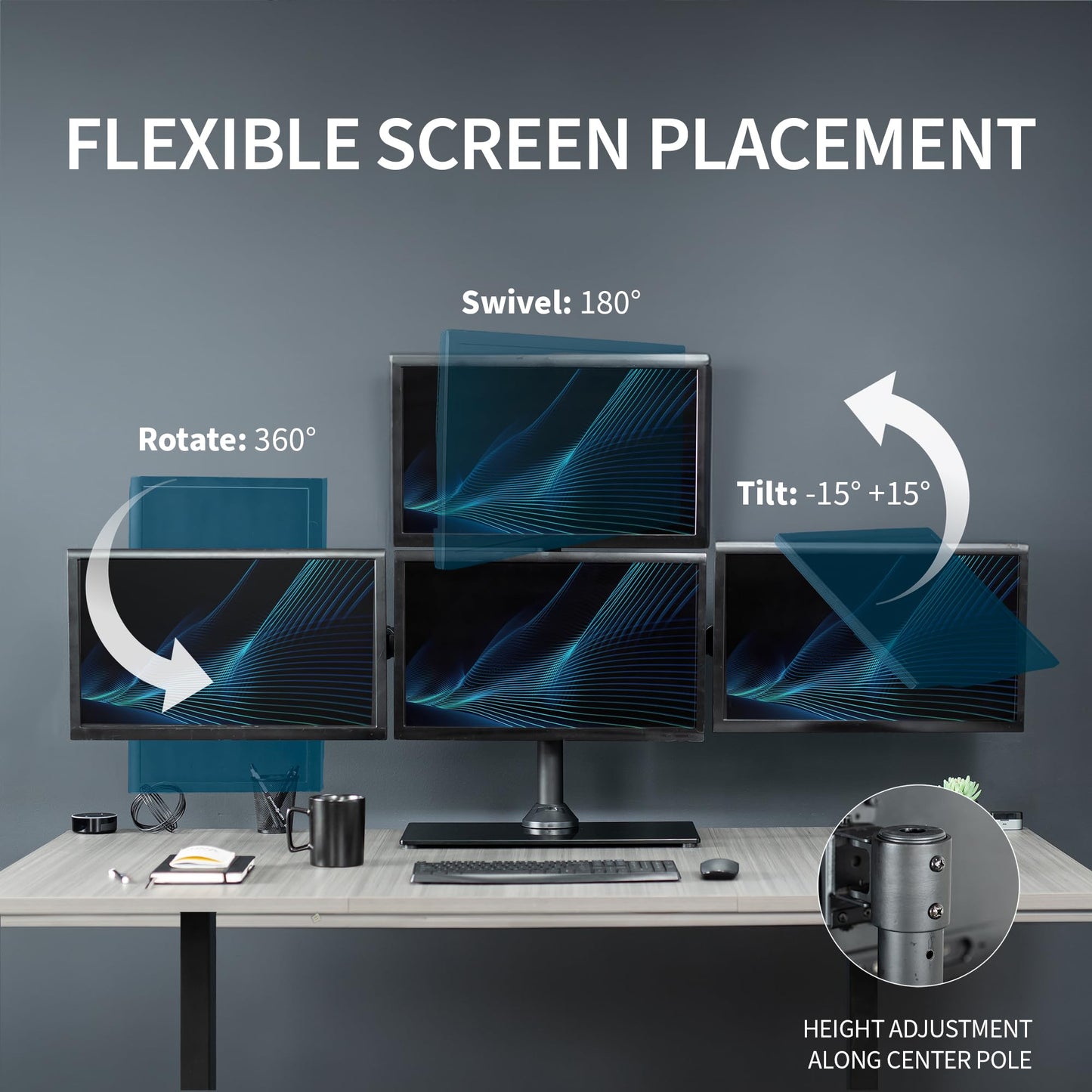 VIVO Black Steel Quad Freestanding LED LCD Computer Monitor, Heavy Duty 3 Plus 1 Fully Adjustable Stand with Base, Holds 4 Screens up to 24 inches