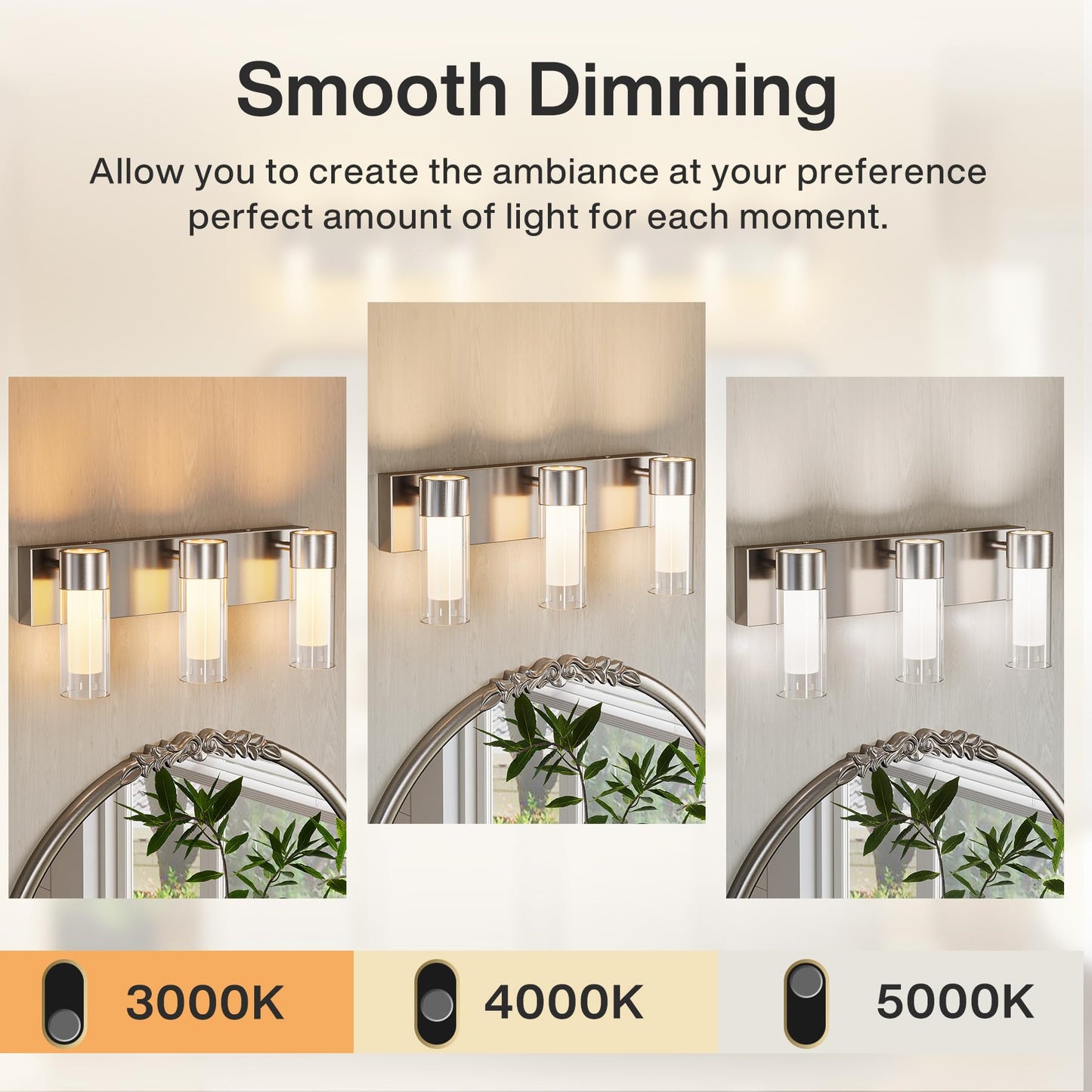 Tribesigns LED Bathroom Light Fixtures, 3-Light Vanity Lights Over Mirror, Wall Lights with 3 Color Modes & Sand Nickel Finish, Wall Sconces