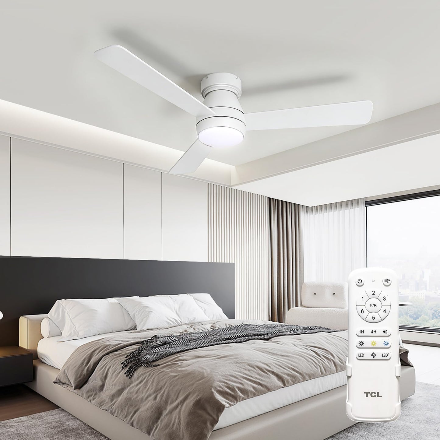 TCL 42 Inch Low Profile Ceiling Fan with Light & Remote for Bedroom, White
