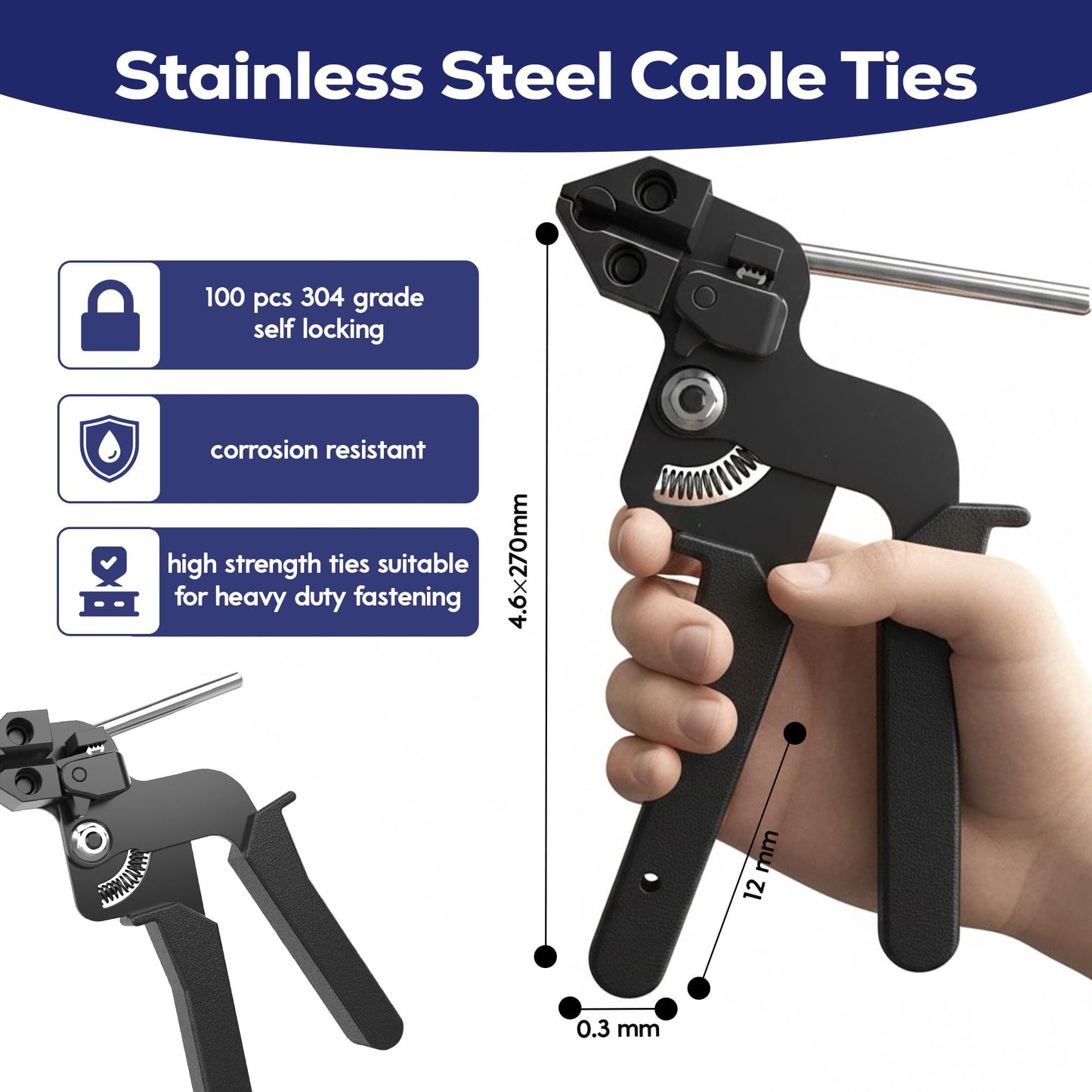 Metal Zip Ties 11.8 Inch 100 PCS | Self-Locking | 304 Epoxy-Coated Stainless Steel Zip Ties | Includes Gun, Scissor, Storage Bag, Tie Remover, Gloves