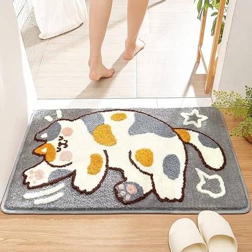 Tyrafry Cute Bath Rug 16 x 24 Cat Mat for Bathroom and Bedroom, Non Slip Absorbent Soft Microfiber Bathroom Mat Machine Washable Thick Plush Rugs…