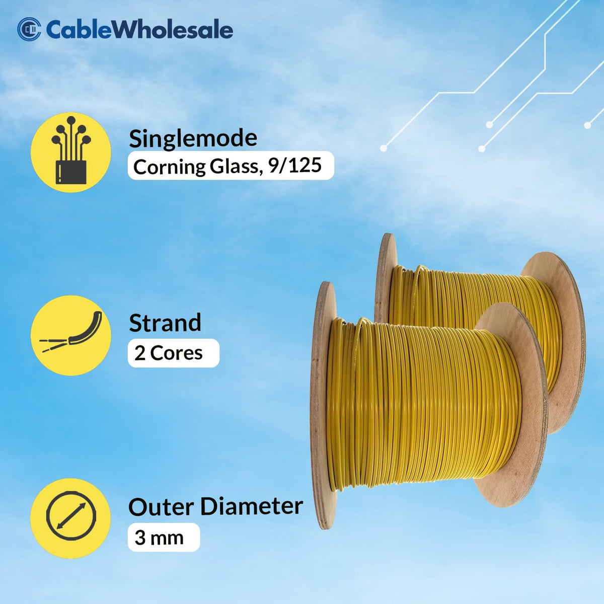 CableWholesale 2-Strand Fiber Optic Cable, Singlemode, Yellow, 2000ft Spool