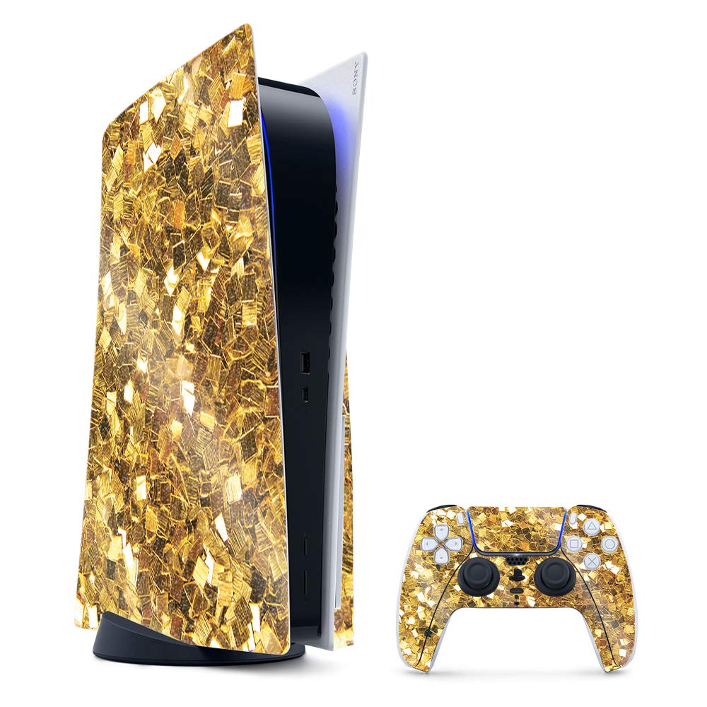 MightySkins Glossy Glitter Gaming Skin for PS5 / PlayStation 5 Bundle - Gold Chips | Durable High-Gloss Glitter Finish | Easy to Apply and Change