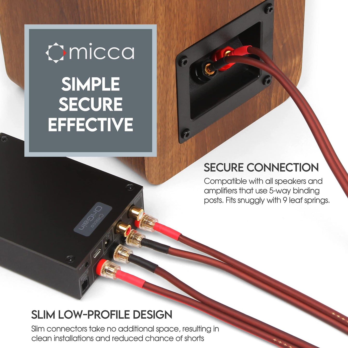 Micca 14 Gauge Pure Copper Speaker Cables, 13 Feet Each (4 Meters), 2 Pack Pair, Gold Plated Banana Plugs Connectors, Soldered Construction, Slim