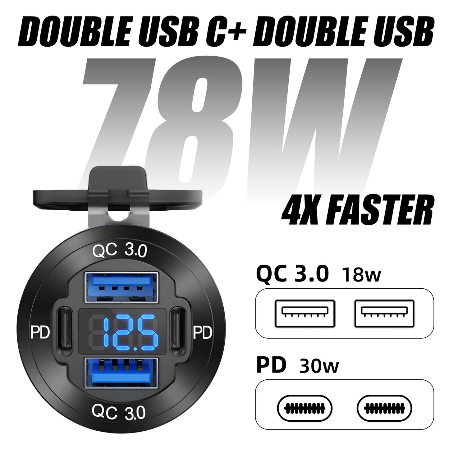 Upgraded 4 Port 12V USB Outlet, 78W Dual PD & QC Aluminum Alloy USB Ports with LED Voltmeter Waterproof for Cars, Cigarette Lighter Replacement 12V