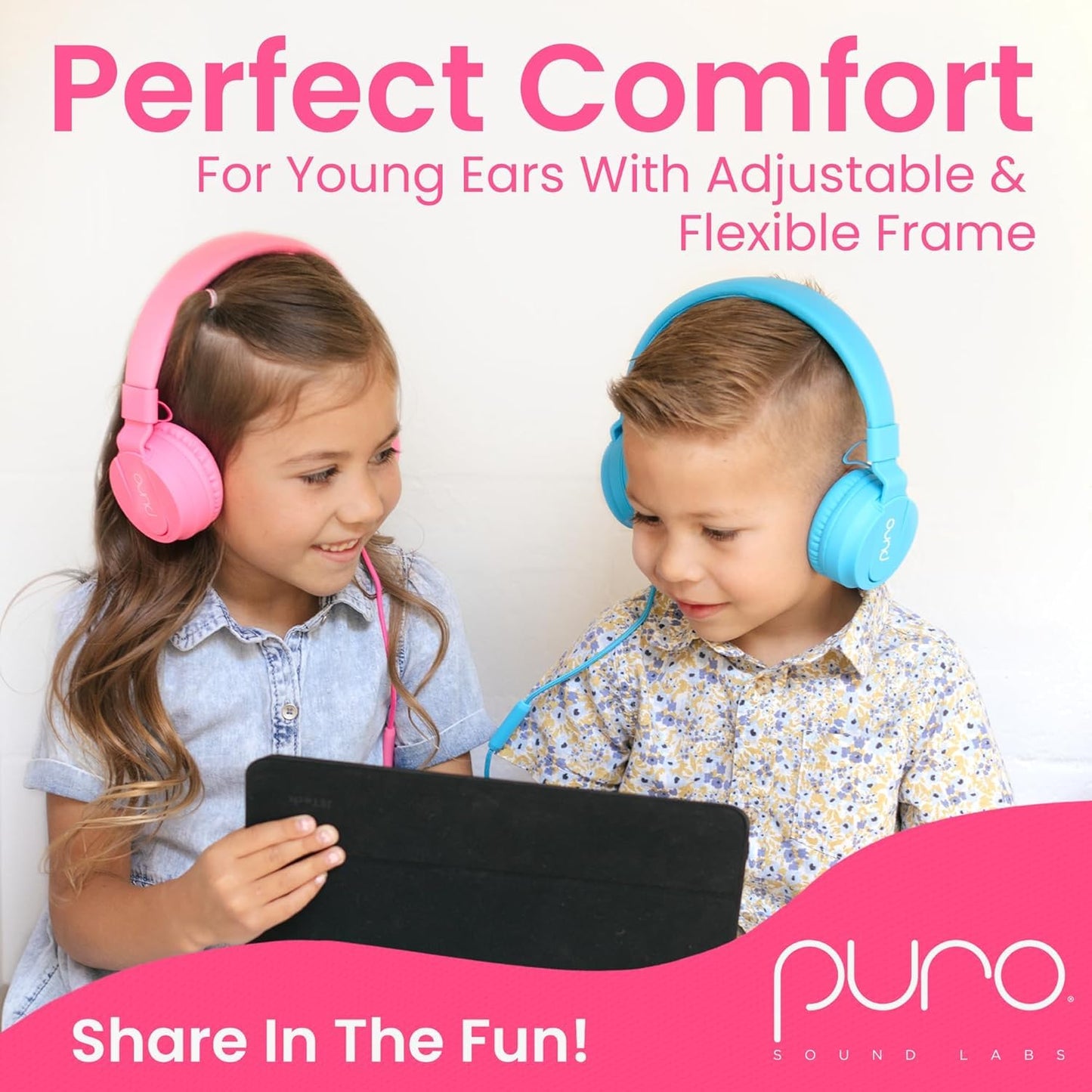 Puro Sound Labs - Kids Headphones, Volume-Limiting 85dB, PuroBasic, Pink