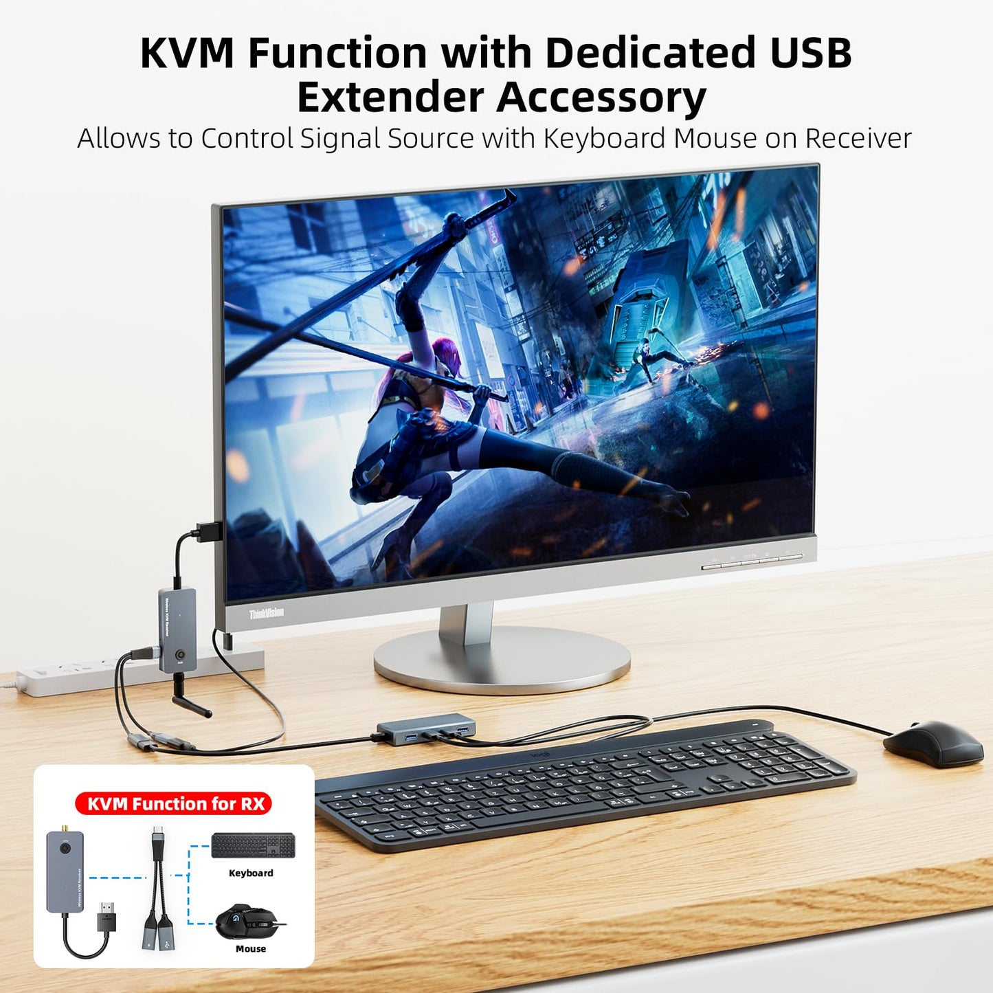 650Ft/200M Wireless USB-C to HDMI KVM Transmitter and Receiver Kit 1080P@60Hz Wireless KVM Long-Range USB Extender Support Screen Streaming