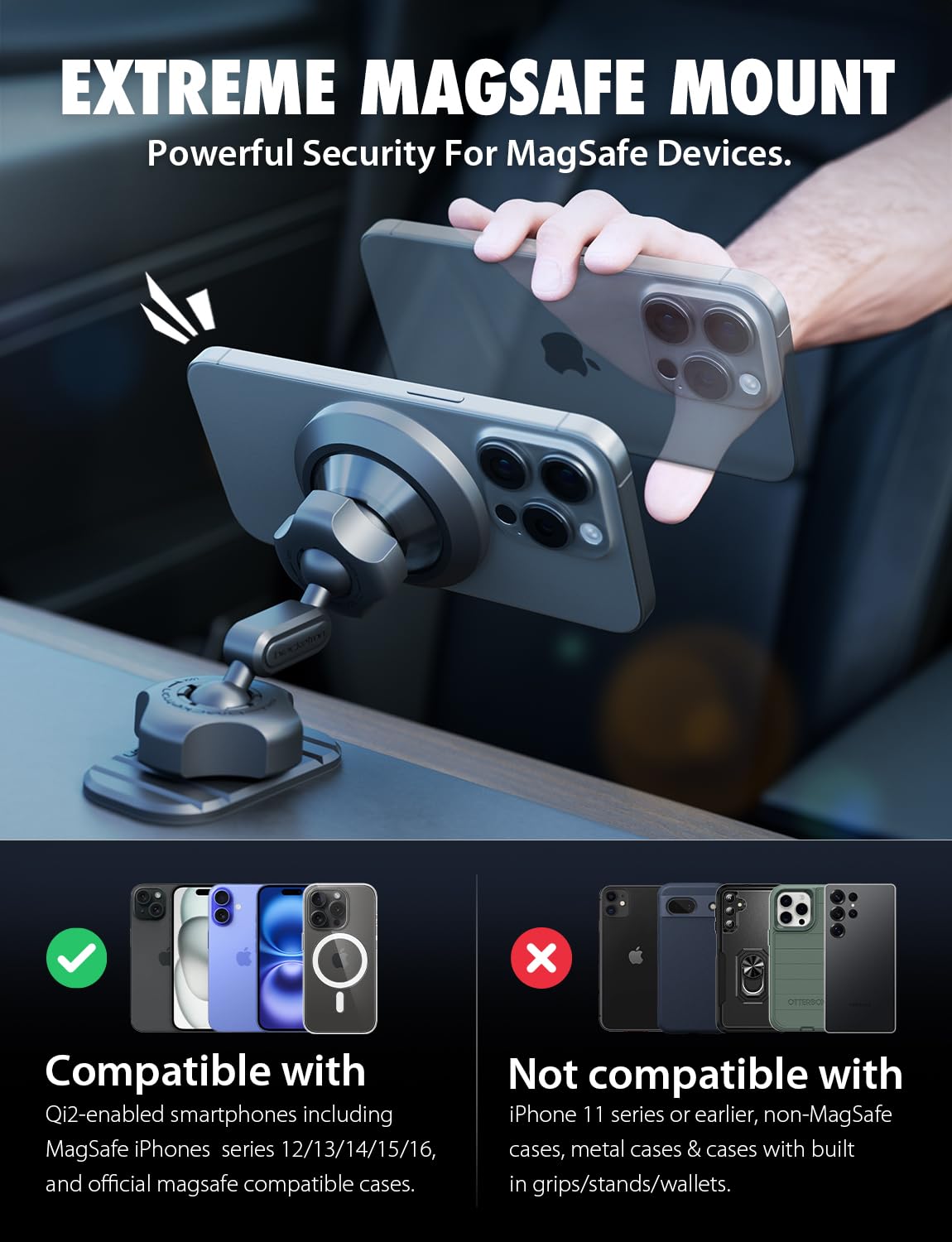 Bracketron MagAlign Pro MagSafe Car Mount Vent & Dash - Magnetic Phone Holder for Car Vent, Air Vent Phone Mount with 360° Rotation, One-Handed