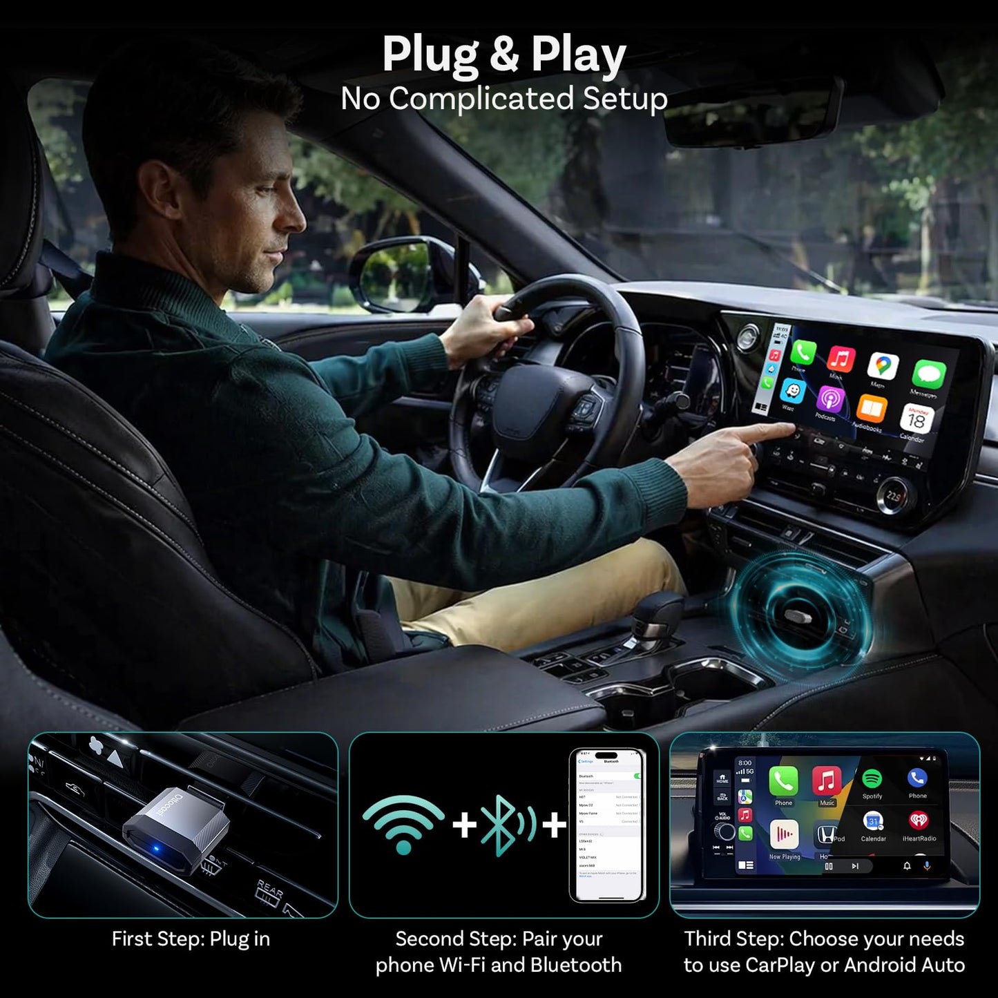 OTTOCAST Mini Nova Wireless CarPlay & Android Auto Adapter, 2-in-1 Convert Wired to Wireless, Plug & Play, Fast Auto Reconnect, Compact Mini Design