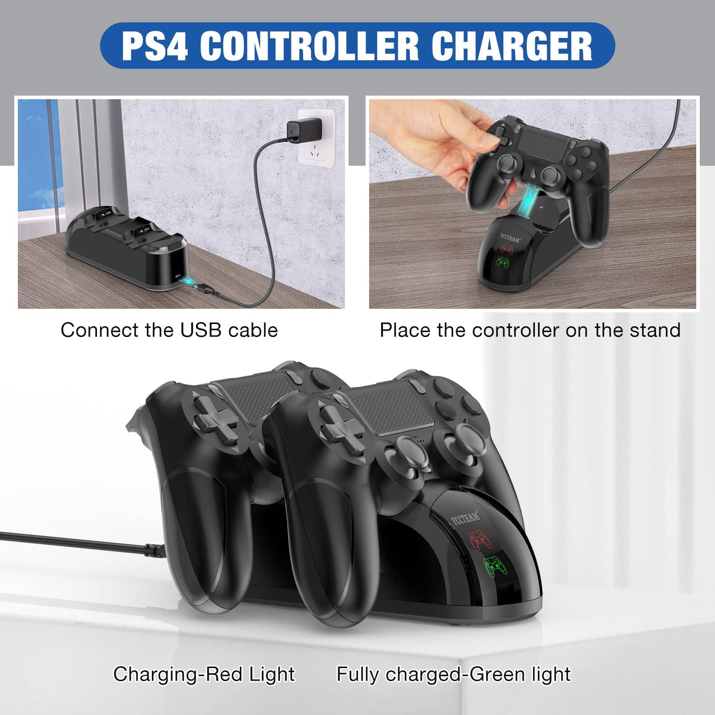 P4 Controller Charger Dock Station, 1.8 Hrs Fast Charging for P4 Charging Station, Charging Station with LED Indicator Charge Chip, Dual USB PS4