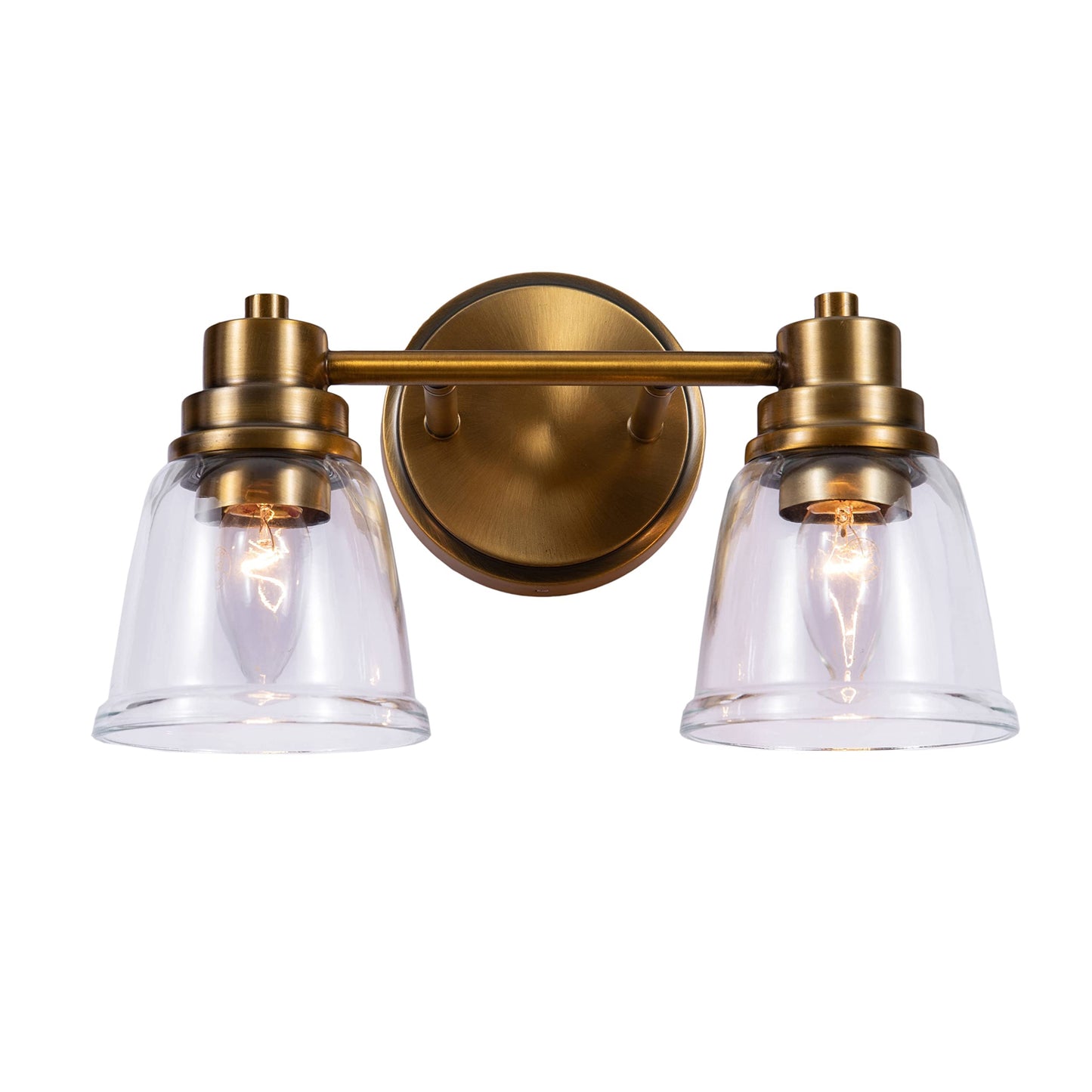 Aspen Creative 62284, Bathroom Vanity 2 Lights Fixture, 12-3/4" W x 7-7/8" H x 6-3/4" E, Warm Brass Finish, Clear Glass, Bulb Not Included