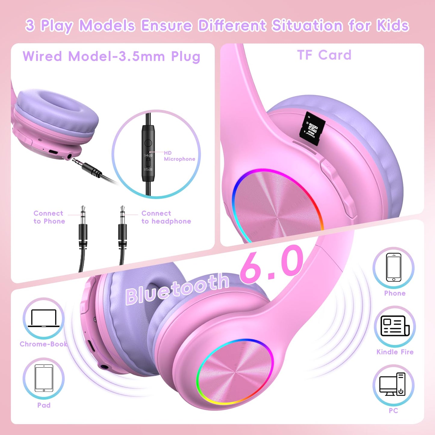 2024 Bluetooth Kids Headphones Fit for Aged 3-21, Colorful LED Lights Comfort Wireless Headphones with Microphone 94dB Volume Limited…