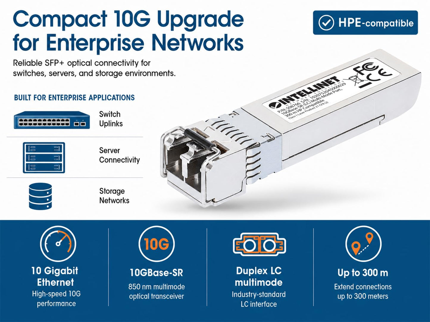 Intellinet 10G SFP+ Transceiver, LC Duplex, 850 Nm, HPE Compatible, 2 pcs