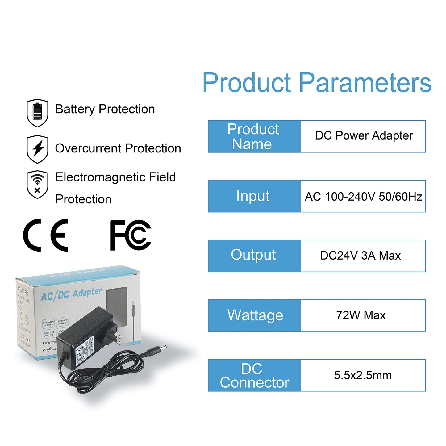 24V 3A Power Supply 72W AC Adapter Power Cord 100-240V 50-60Hz to DC 24 Volt 3 Amp Transformer 2A 1A Converter with 5.5x2.1mm DC Barrel for LED Strip…