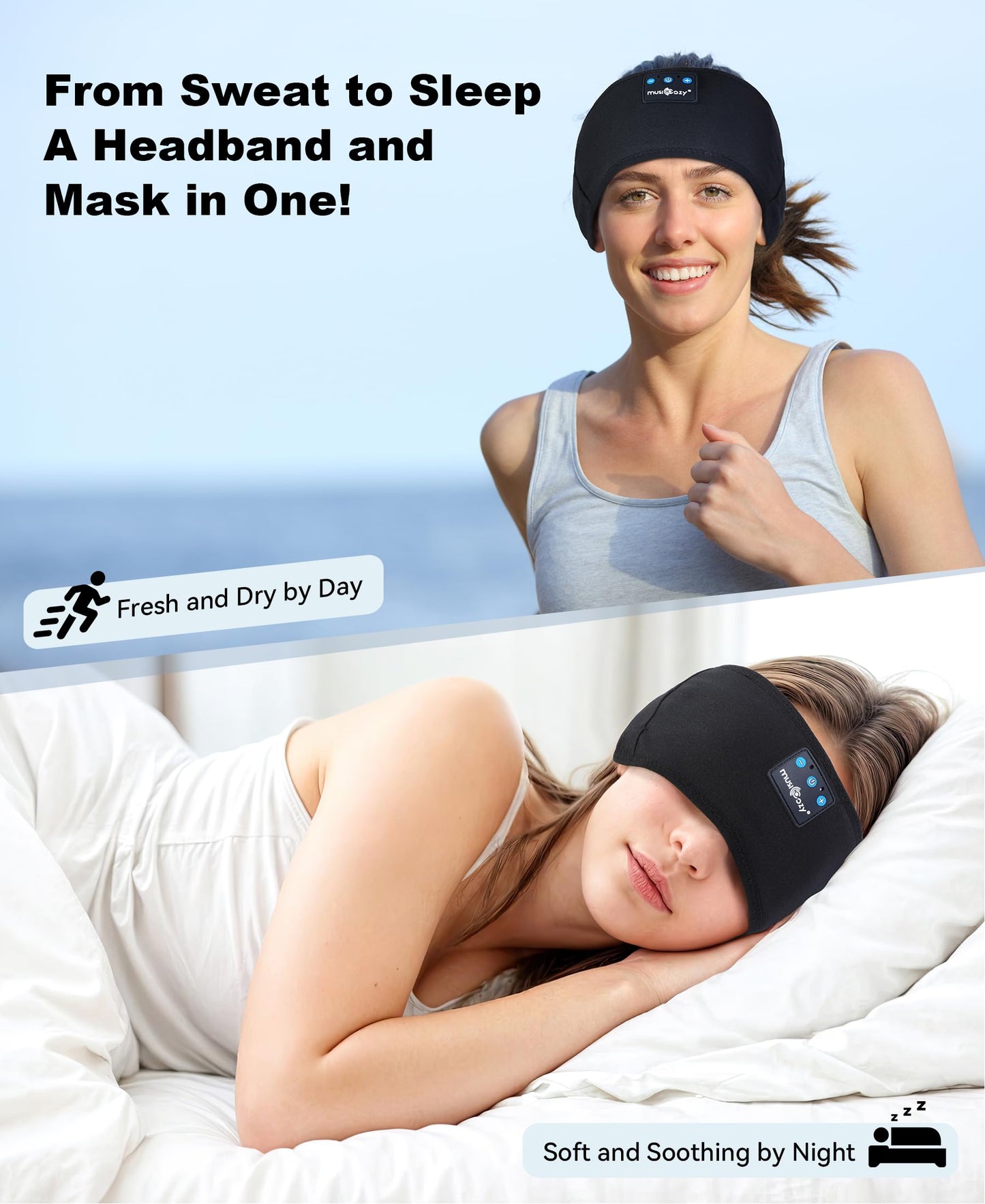 MUSICOZY Sleep Headphones Bluetooth 5.4 Headband, Sports Wireless Earphones Sweat Resistant Earbuds Sleeping Headphone with Ultra-Thin HD Stereo…