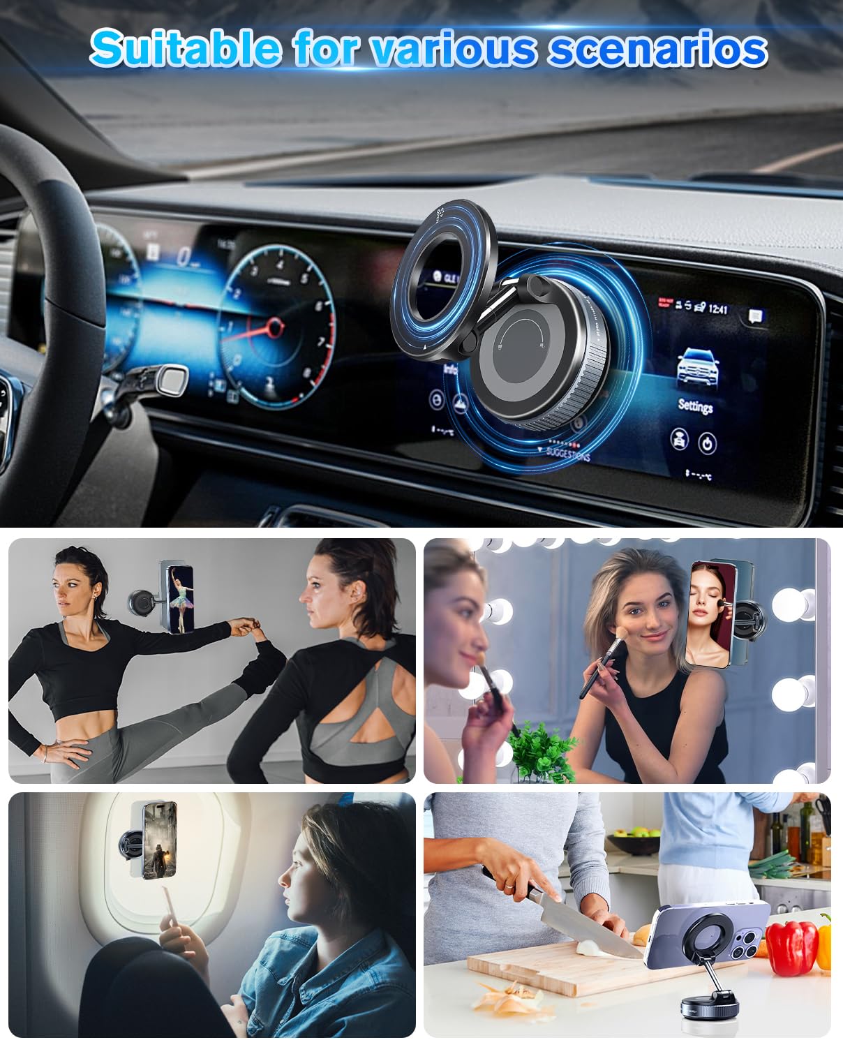 SOAMOEU Vacuum Suction Magnetic Phone Holder, 2025 Upgraded Magnetic Car Phone Mount for Magsafe, 360°Adjustable Foldable Portable Suction Cup Phone