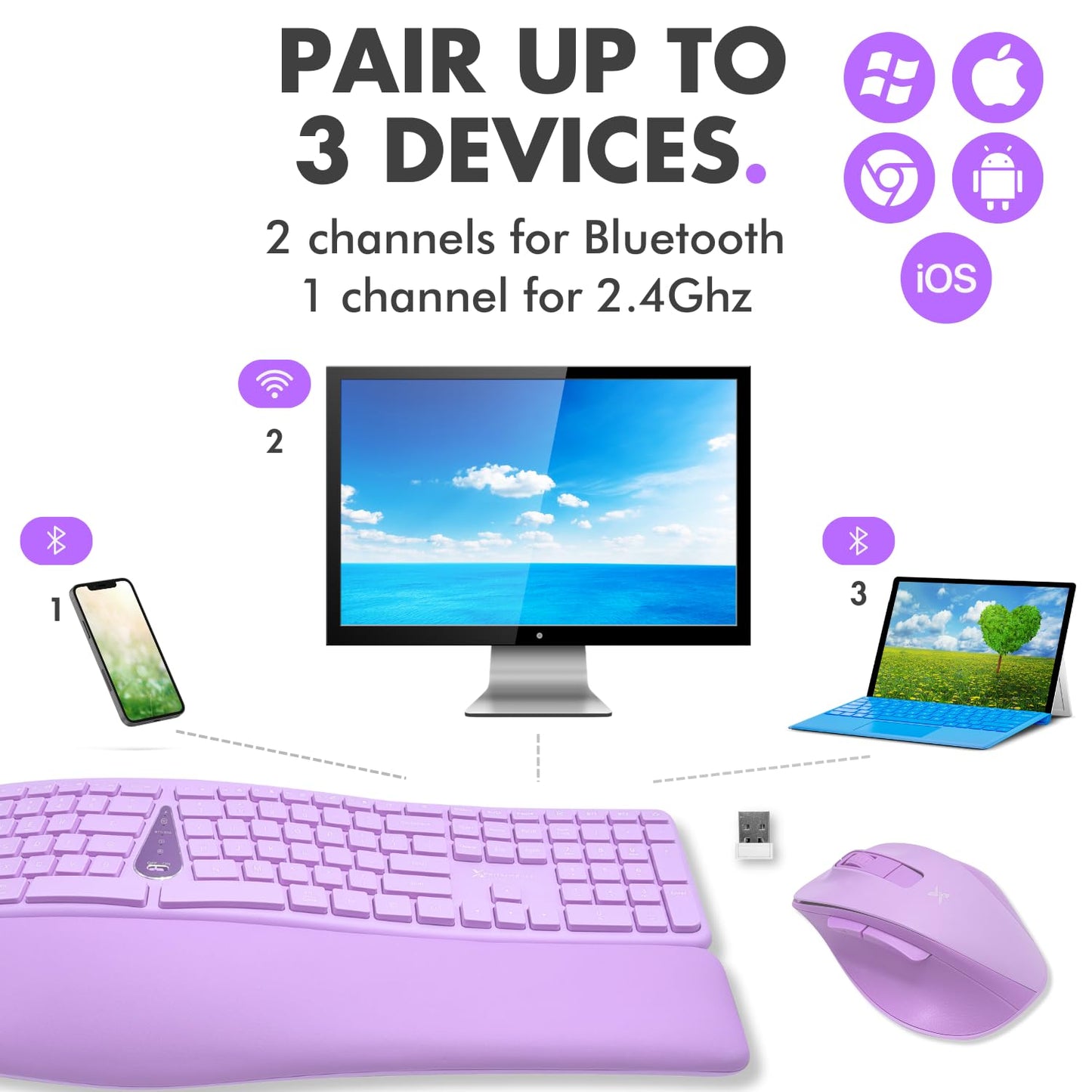 X9 Ergonomic Keyboard and Mouse Wireless Combo - Purple Keyboard and Mouse Wireless, Bluetooth/2.4G Split, Wrist Rest, Rechargeable, Silent Ergo Keys