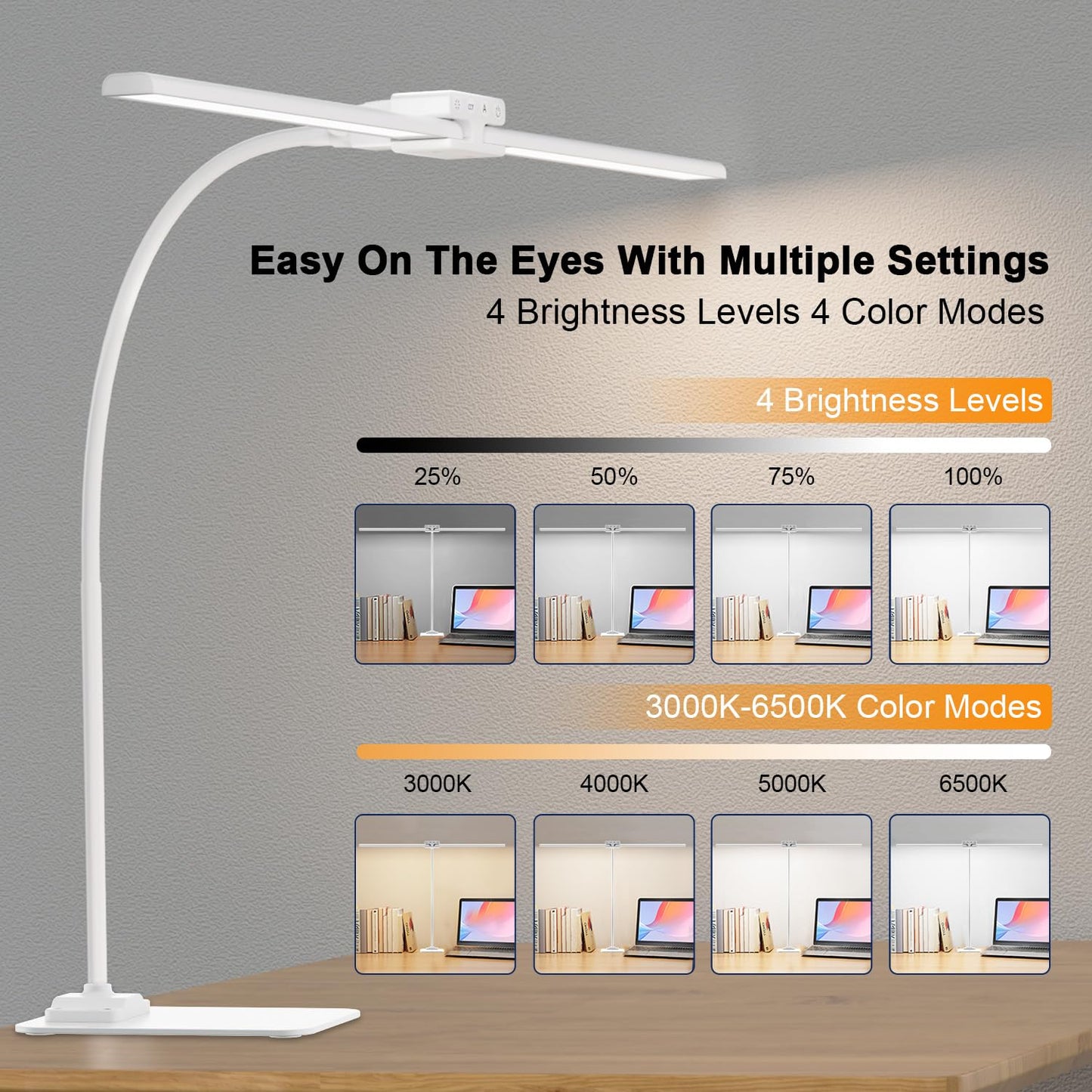 EppieBasic Led Desk Lamp,24W 31.5IN Architect Double Head Desk Lamps for Home Office,Dimmable & 6 Color Modes Extra Bright Modern Table lamp