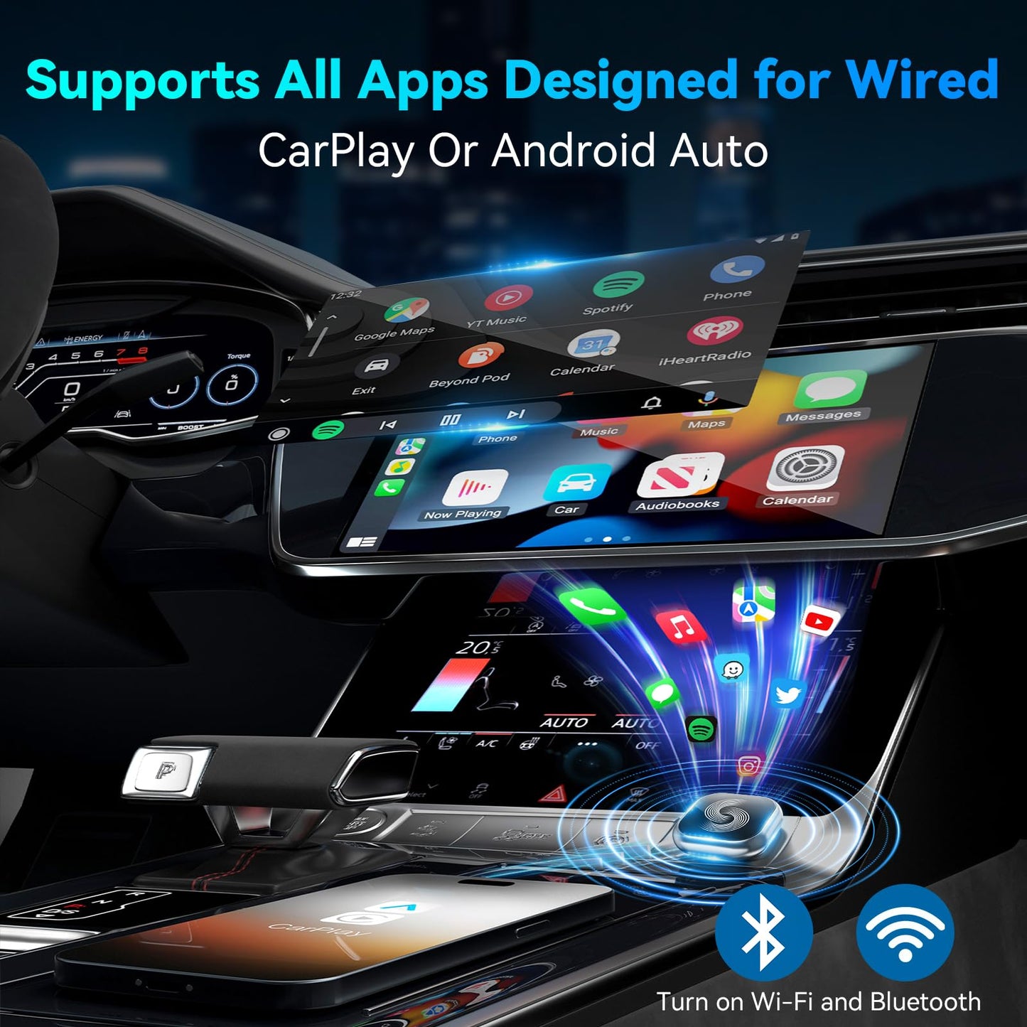 Wireless CarPlay Adapter for iPhone, 2-in-1 Wireless Car Play & Android Auto Adapter, 3X Fast Stable Connection-No Latency from iOS 10+, Wide
