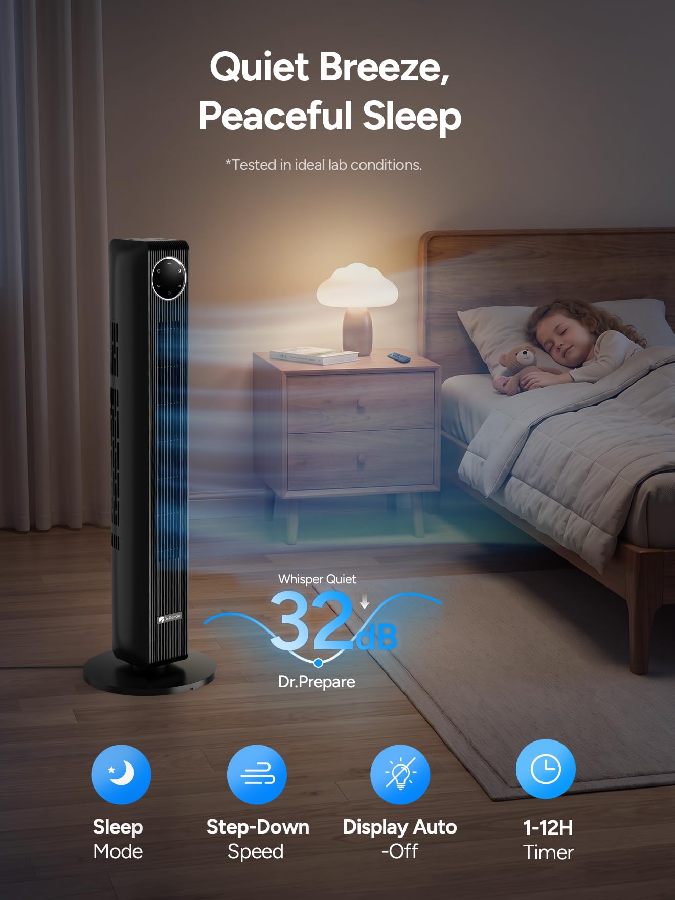 DR.PREPARE 40” Tower Fan for Bedroom, 30ft/s Airflow, 8 Speeds, Quiet Standing Fan, 85° Oscillating Cooling Fan, 3 Modes, 12H Timer, Bladeless Fan