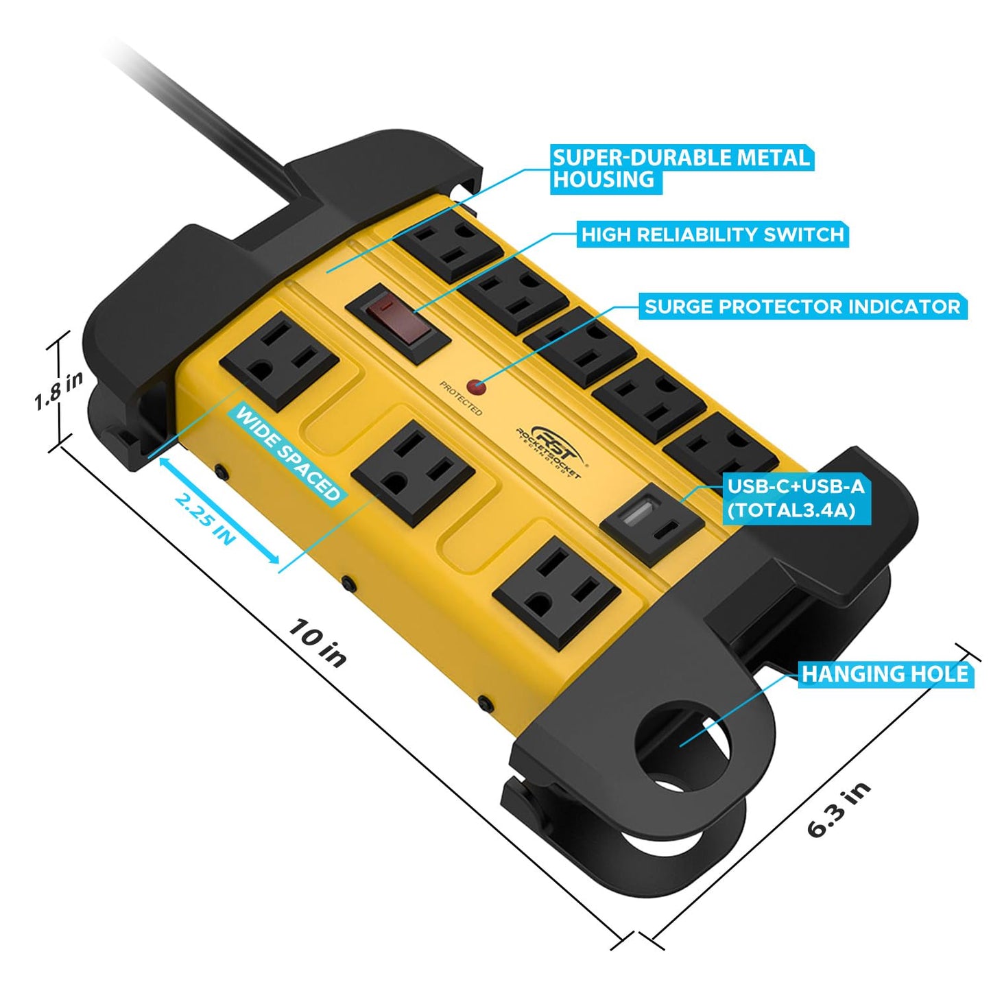 Heavy Duty Surge Protector Power Strip with 2 USB Ports, CRST 8-Outlet Metal Industrial Power Block with 15A Circuit Breaker, 6ft Extension Cord, 1350