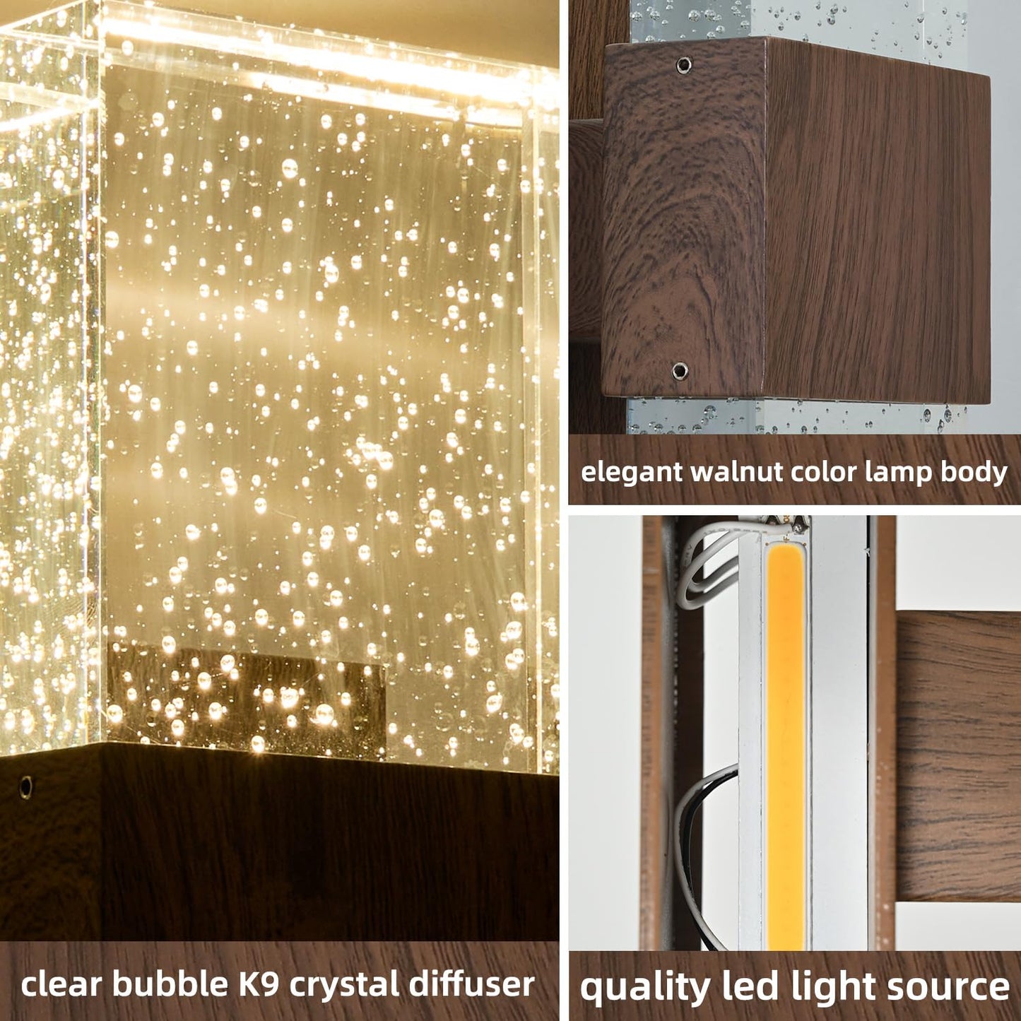 ZUIMEITIANS Bubble Crystal Wood Style Wall Sconce Walnut Finish Wall Lamp LED Sconce Rustic Wall light Fixture for Bedroom Living Room Bathroom