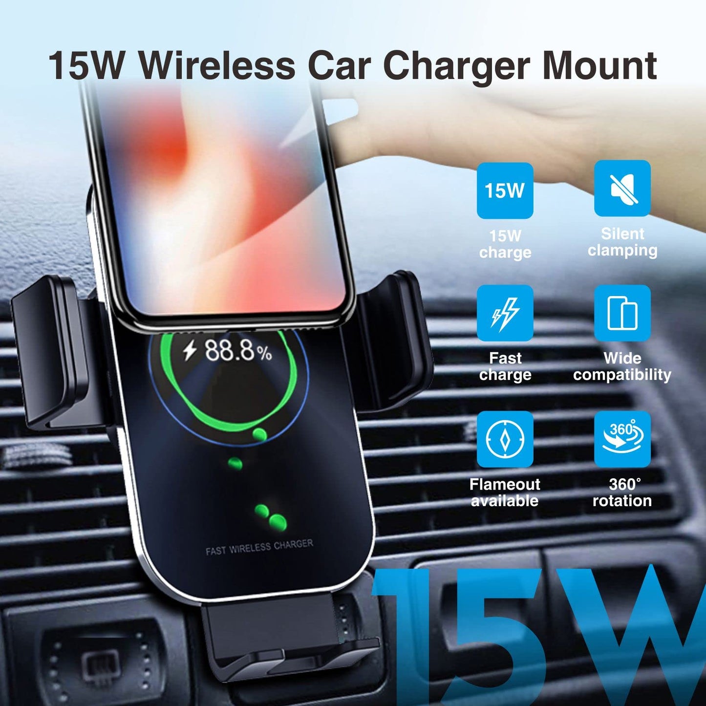 MOCA 15W Qi Wireless Car Charger, Fast Charging Auto-Clamping Car Mount, Windshield Dash Air Vent Phone Holder for iPhone 13 12 Mini 11 Pro Max