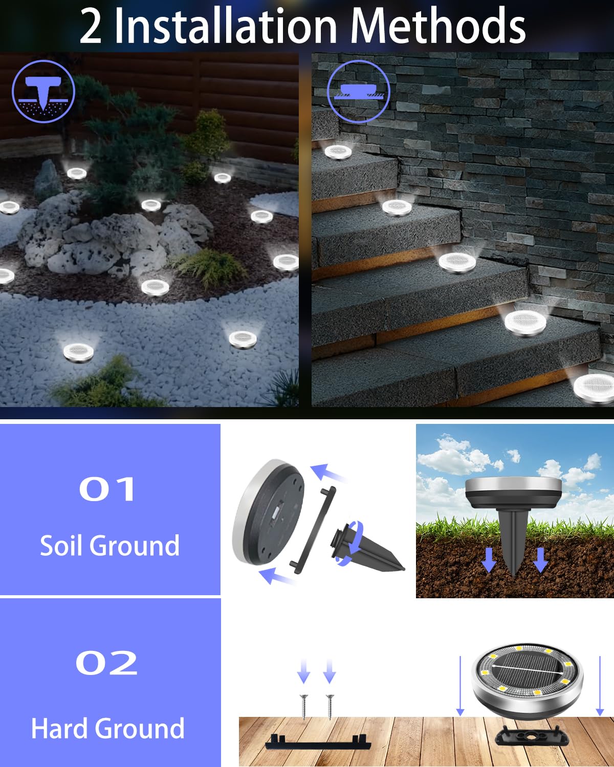 Solar Lights Outdoor Waterproof, 8 Pack 8 LED, Thickened Stainless Steel Ground Light, Solar Garden Lights Landscape Lighting for Patio Pathway Lawn