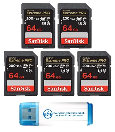 SanDisk 64GB (Five Pack) Extreme Pro Memory Card (SDSDXXU-064G-GN4IN) SDXC 4K V30 UHS-I with Everything But Stromboli 3.0 Combo Reader