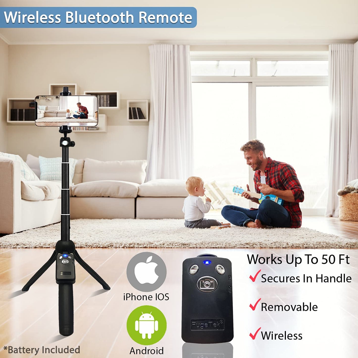 Fugetek 42" Compact Selfie Stick & Tripod, Extendable, Wireless Bluetooth Remote, Lightweight Aluminum, Travel Ready, Compatible with iPhone 14 13 12