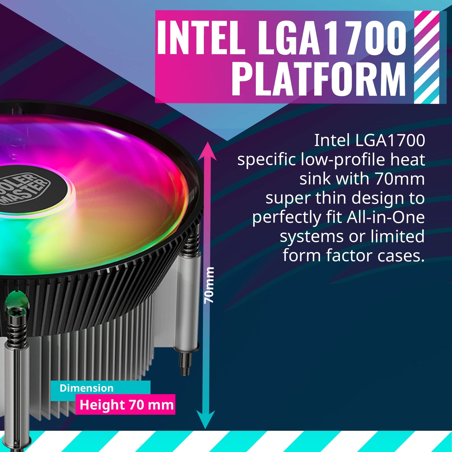Cooler Master i70C ARGB Low Profile CPU Air Cooler for Intel LGA 1700 / 1851 Only - 120mm PWM ARGB Fan, 95W TDP, Copper Core Base, Black Aluminum