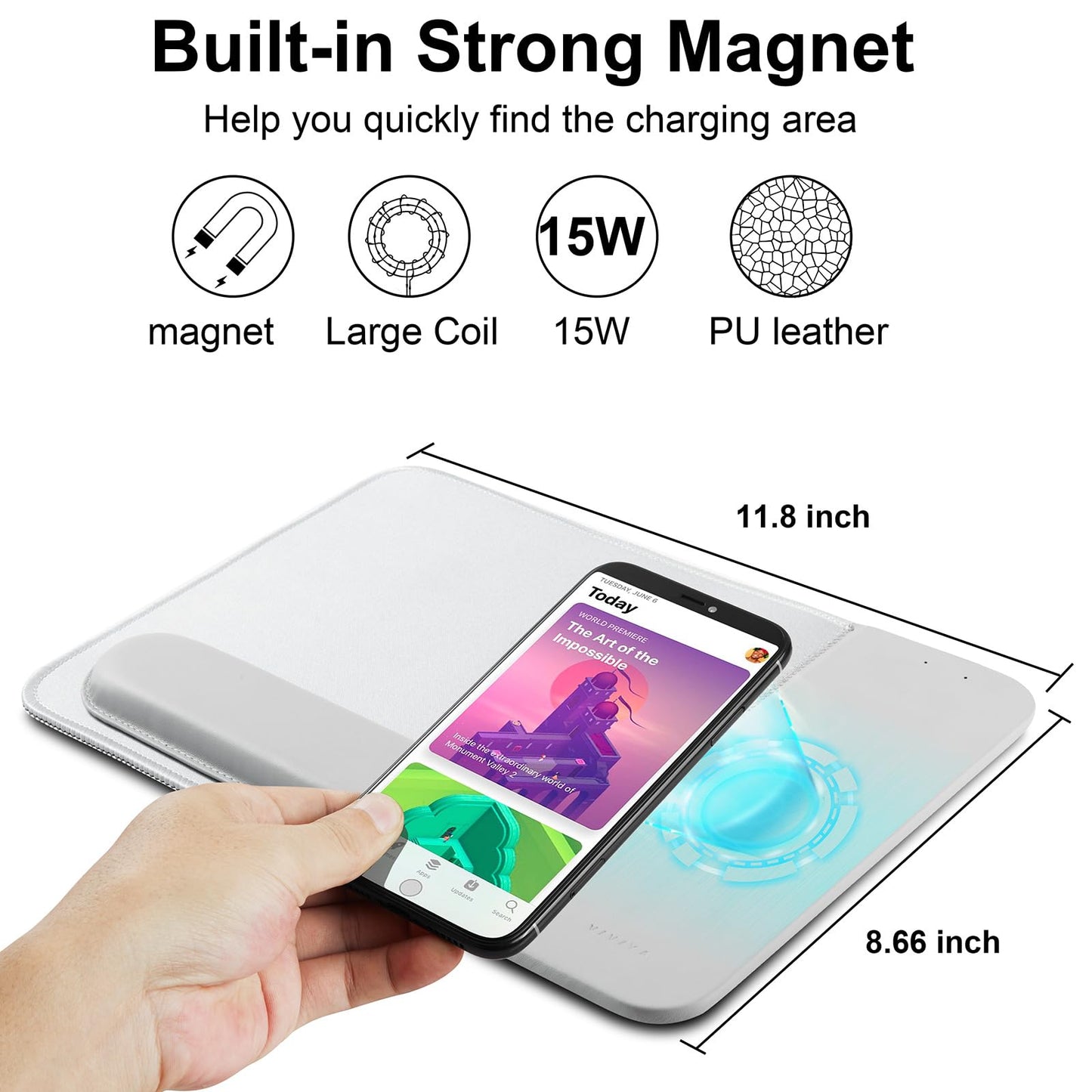 VIVIYA 15W Wireless Charging Mouse Pad with Detachable Wrist Support and 20W Power Adapter, Fast QI Wireless Phone Charger Mouse Mat for iPhone 16/15