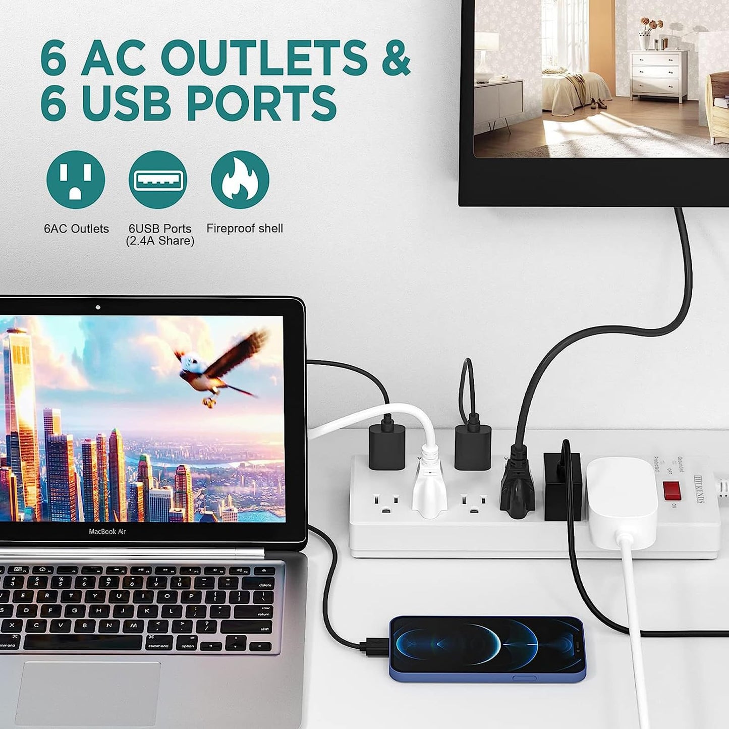 HITRENDS Surge Protector Power Strip 6 Outlets with 6 USB Charging Ports, USB Extension Cord, 1625W/13A Multiplug for Multiple Devices Smartphone
