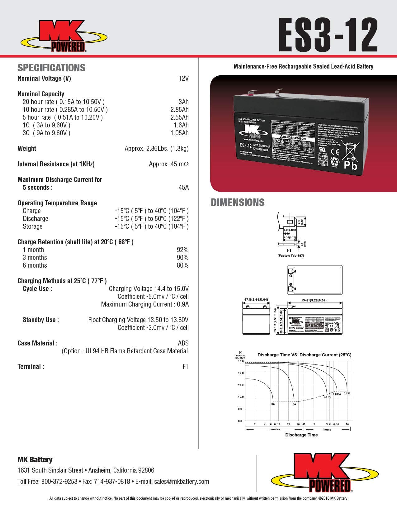 MK Battery ES3-12 Maintenance-Free Rechargeable Sealed Lead-Acid Battery