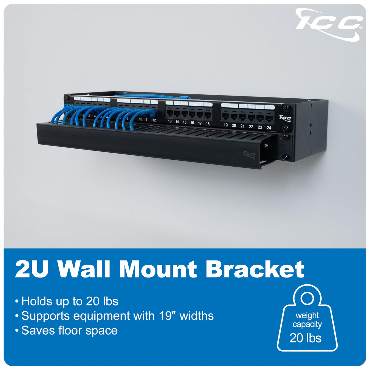 ICC 2U Hinged Wall Mount Rack Bracket, 6" Deep, 20 lb, Black, 1-Pack