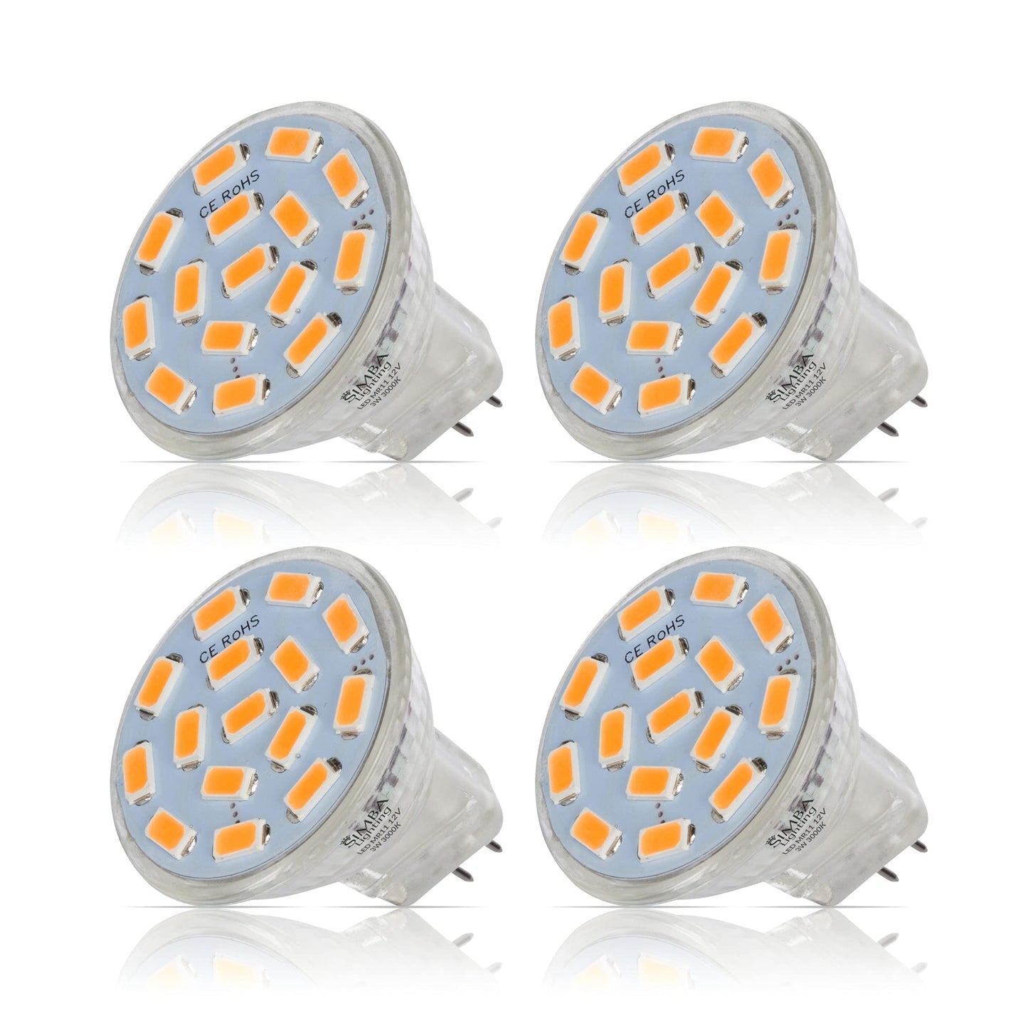 Simba Lighting LED MR11 3W Flood Light Bulb, GU4 Bi-Pin Base, 3000K, 4 Pack