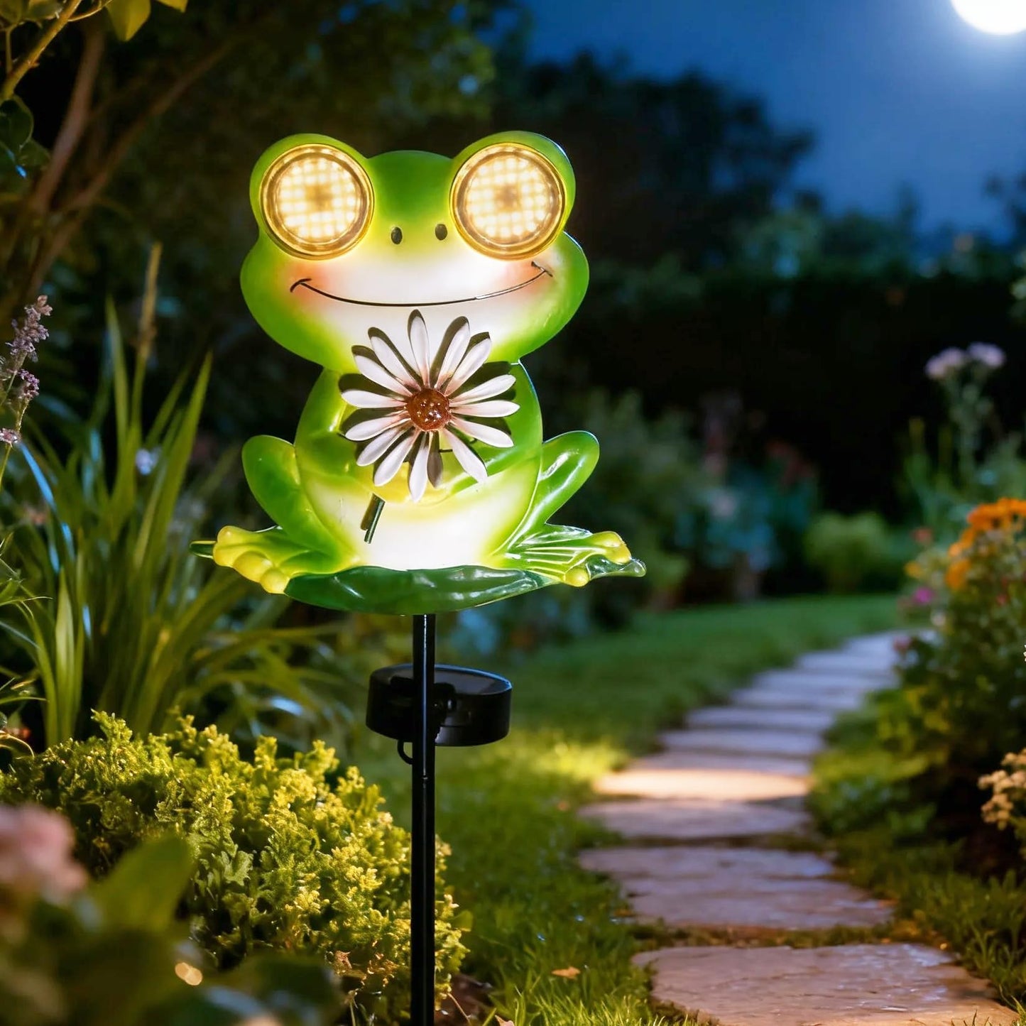 esgarden Solar Frog Garden Stake Light with Dynamic Moving LED Eyes, Outdoor Metal Figurine Sculpture Statue, Cute Animal Yard Art Decor, Warm White