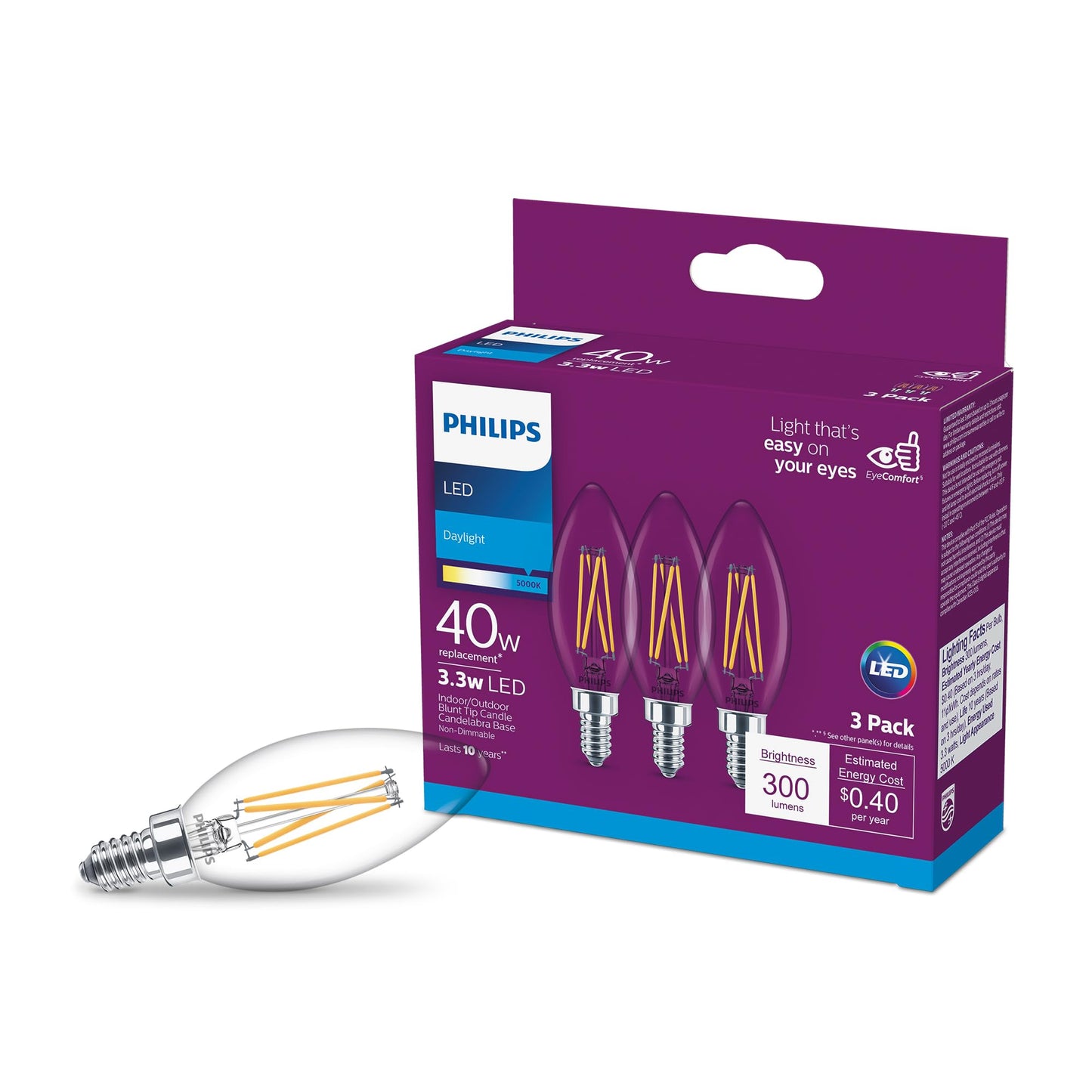PHILIPS LED Clear Non-Dimmable B11 Light Bulb - EyeComfort Flicker Free - 3.3W = 40W - 300 Lumen - Daylight (5000K) - E26 Base - Indoor - Title 20